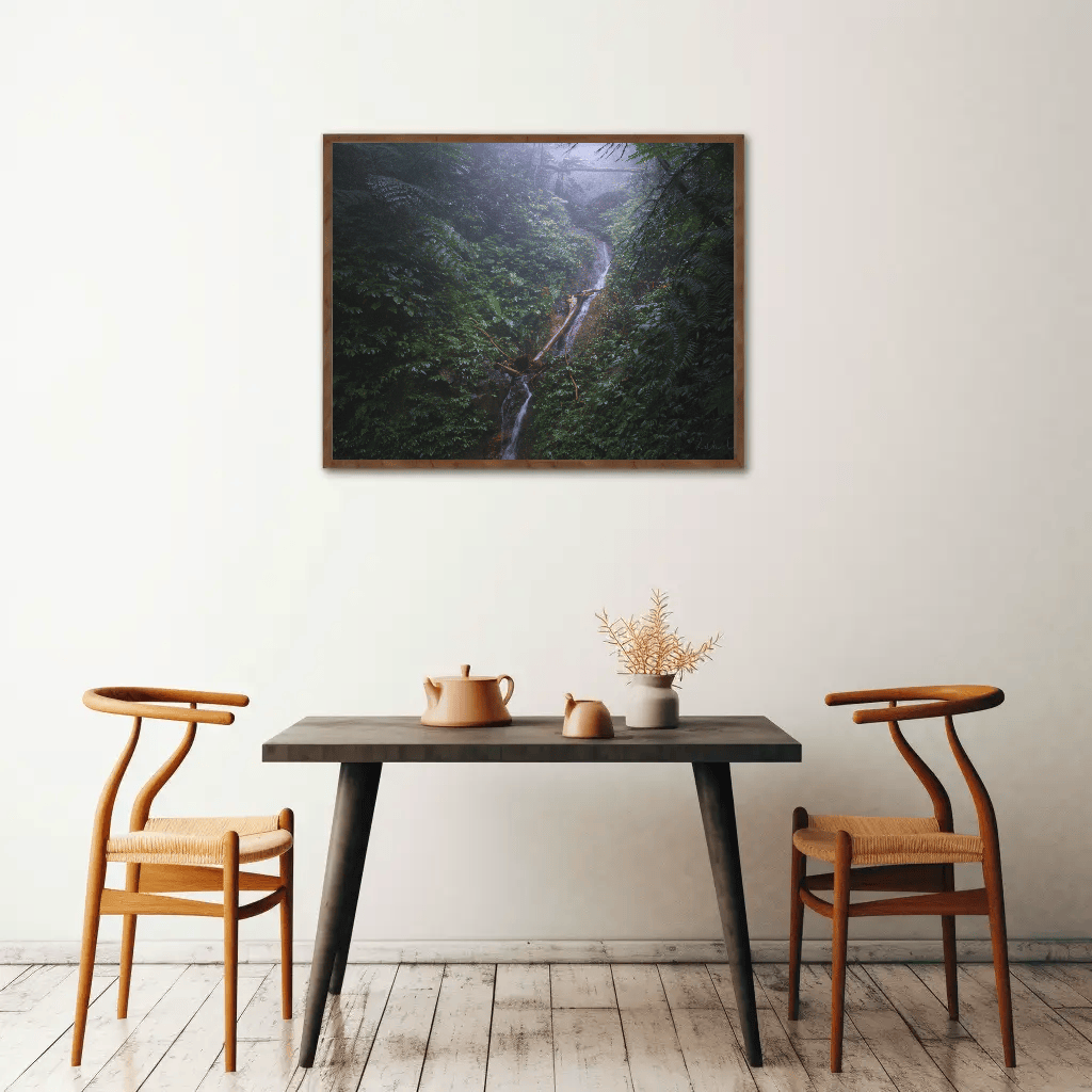 Jungle waterfall canvas photo print indonesia east nusa tenggara flores island wall art cafe interior mockup 13