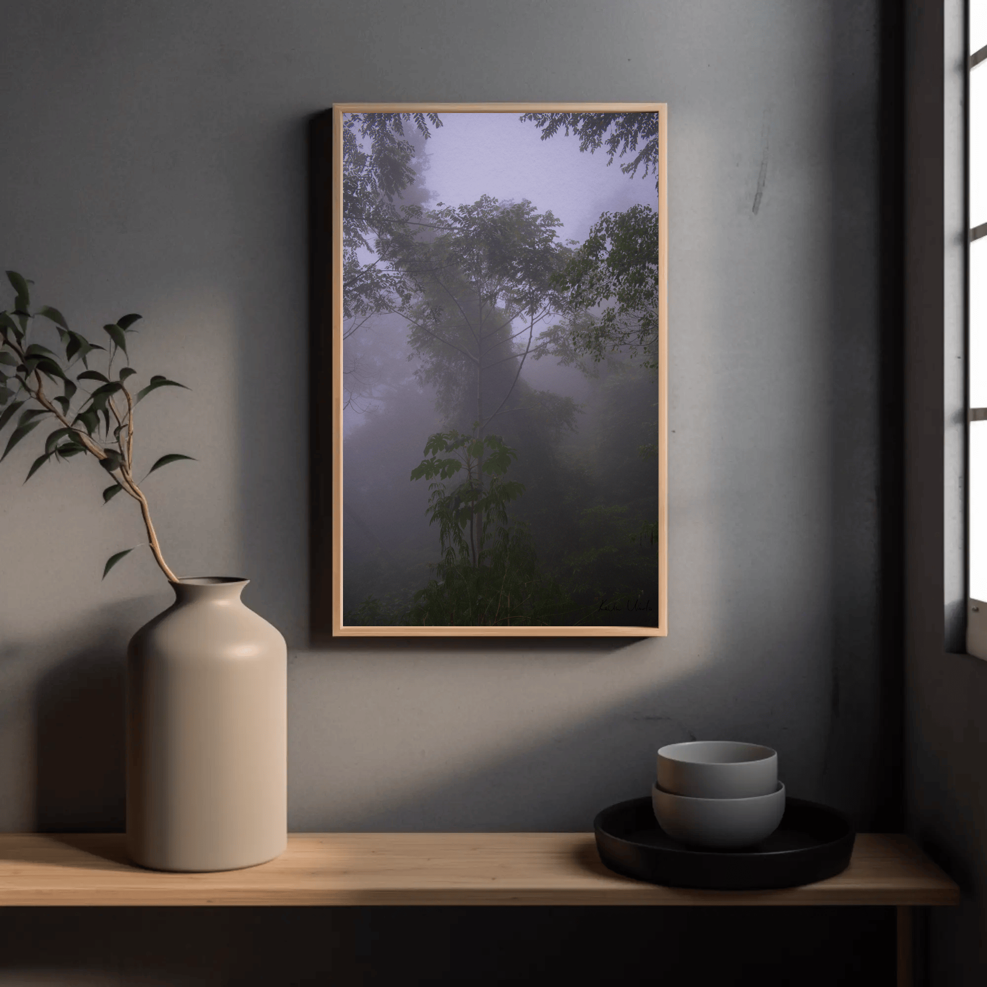 Photo print canvas wall art  - foggy jungle mountain trees in Flores, Indonesia, mockup 12 | Kevin Winda