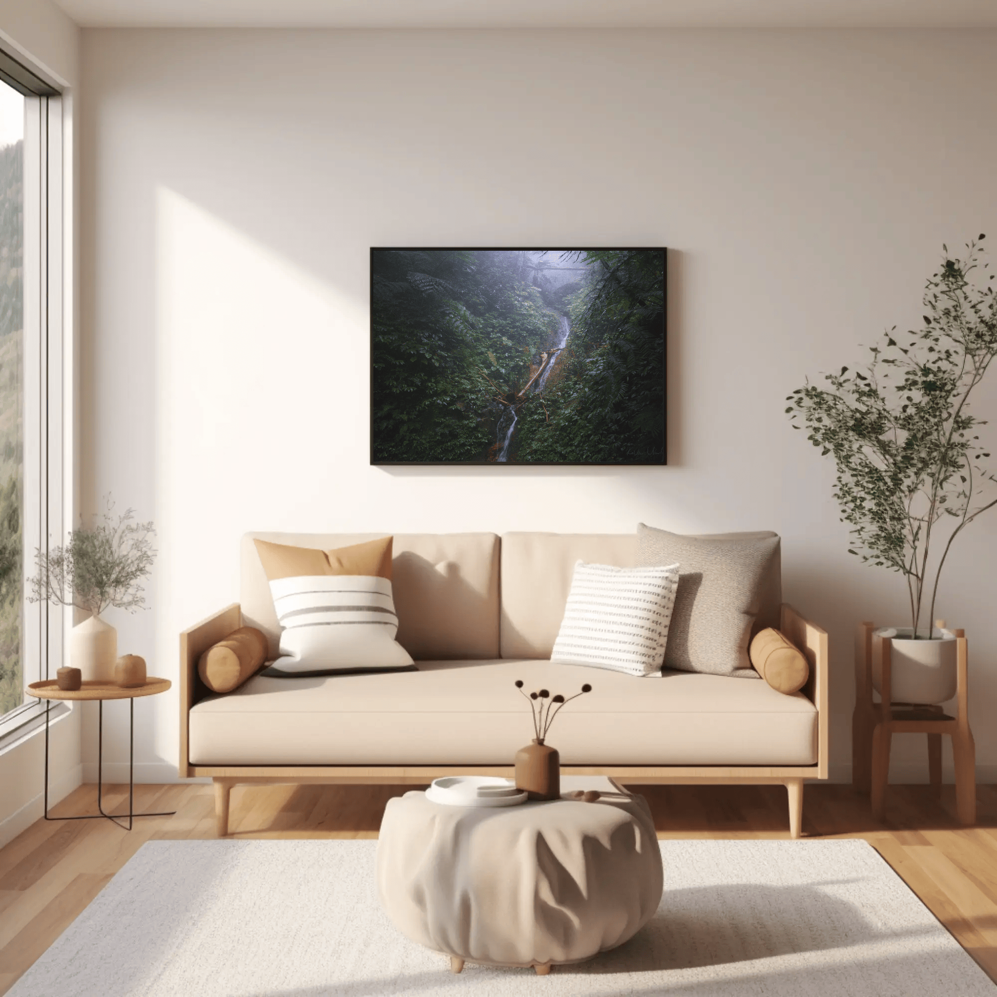 Jungle waterfall photo print Flores island living room above the sofa mockup 21