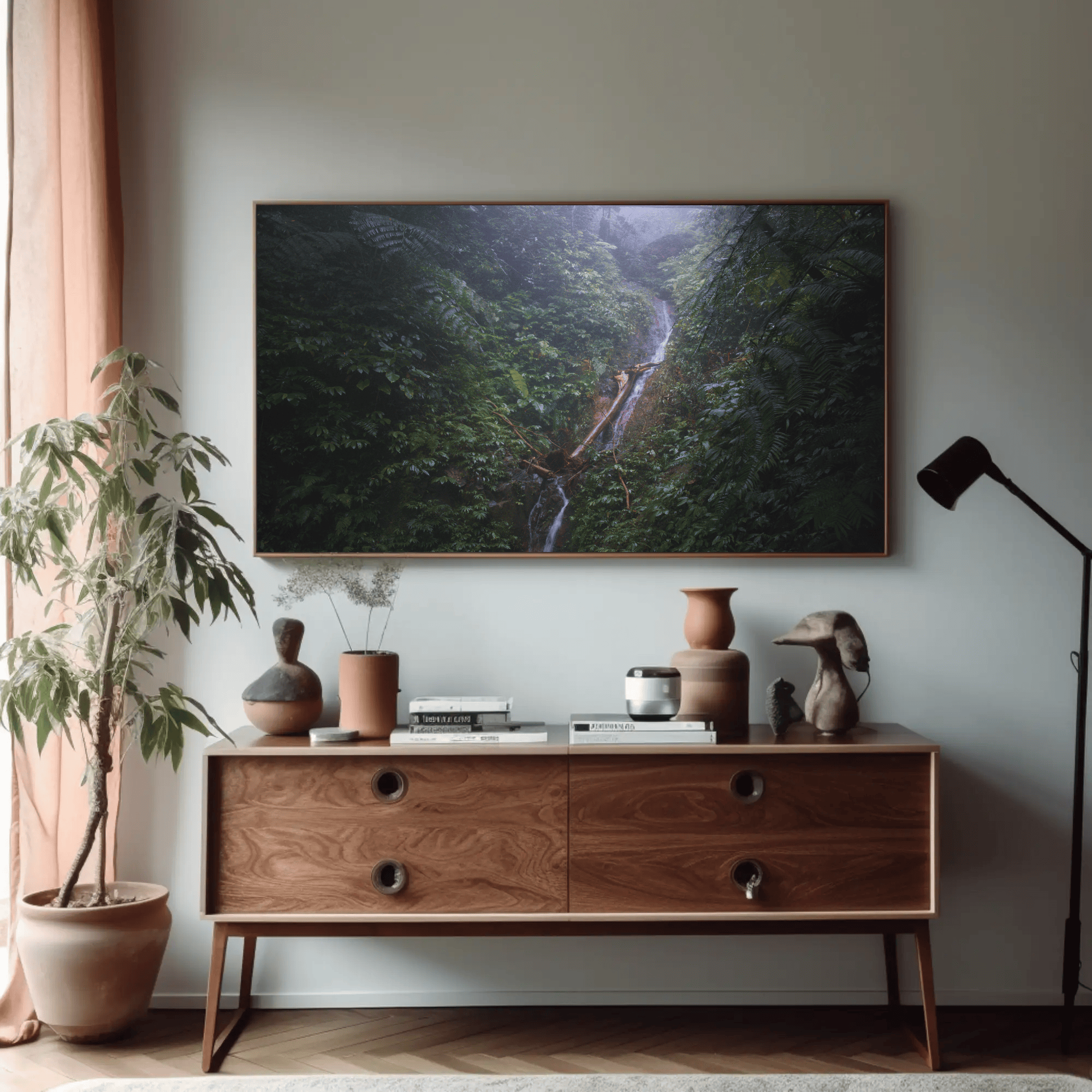 Jungle waterfall photo print wall art tropical island Flores living room mockup 5