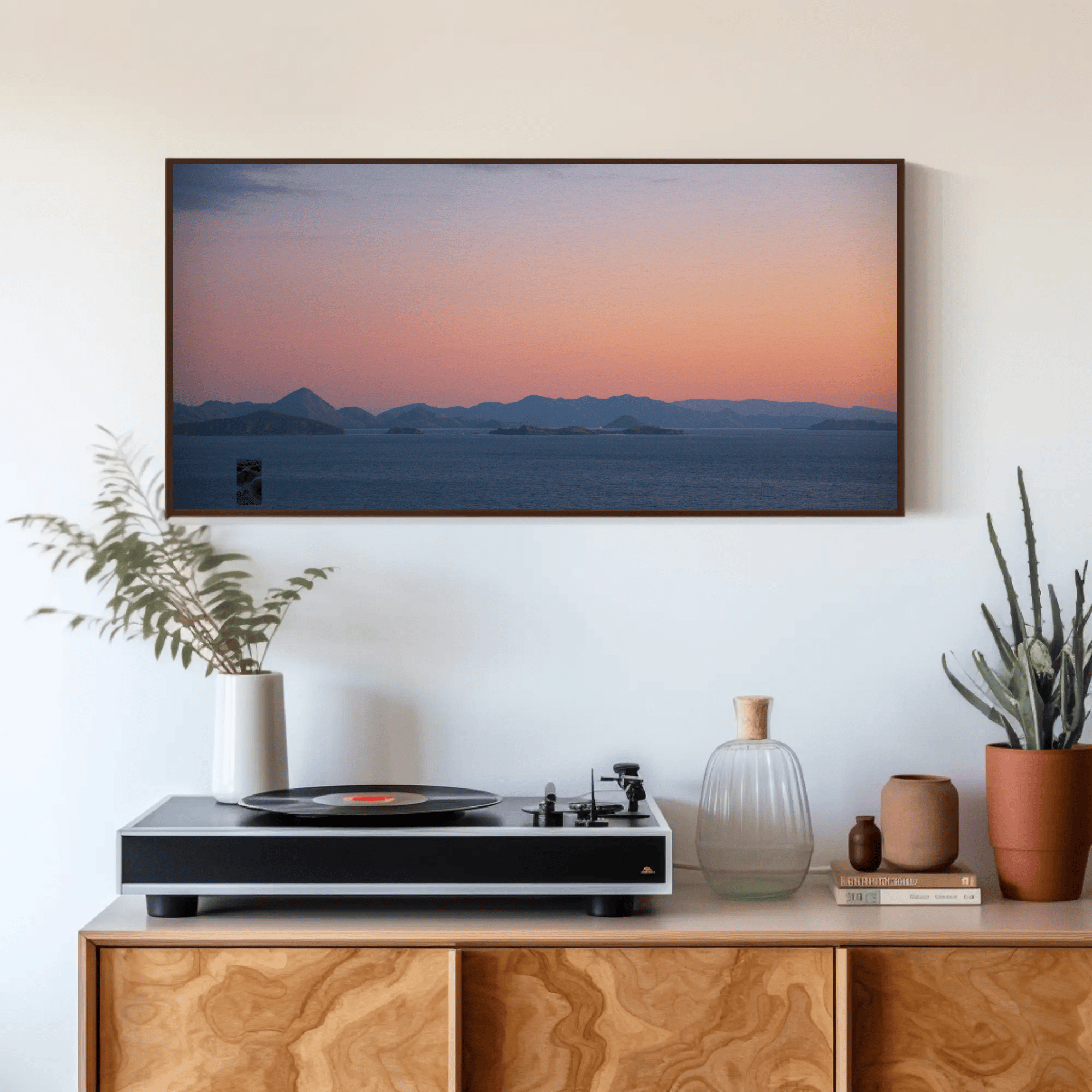 Coastal sunset canvas ocean Komodo Islands hills Flores Indonesia interior mockup 10