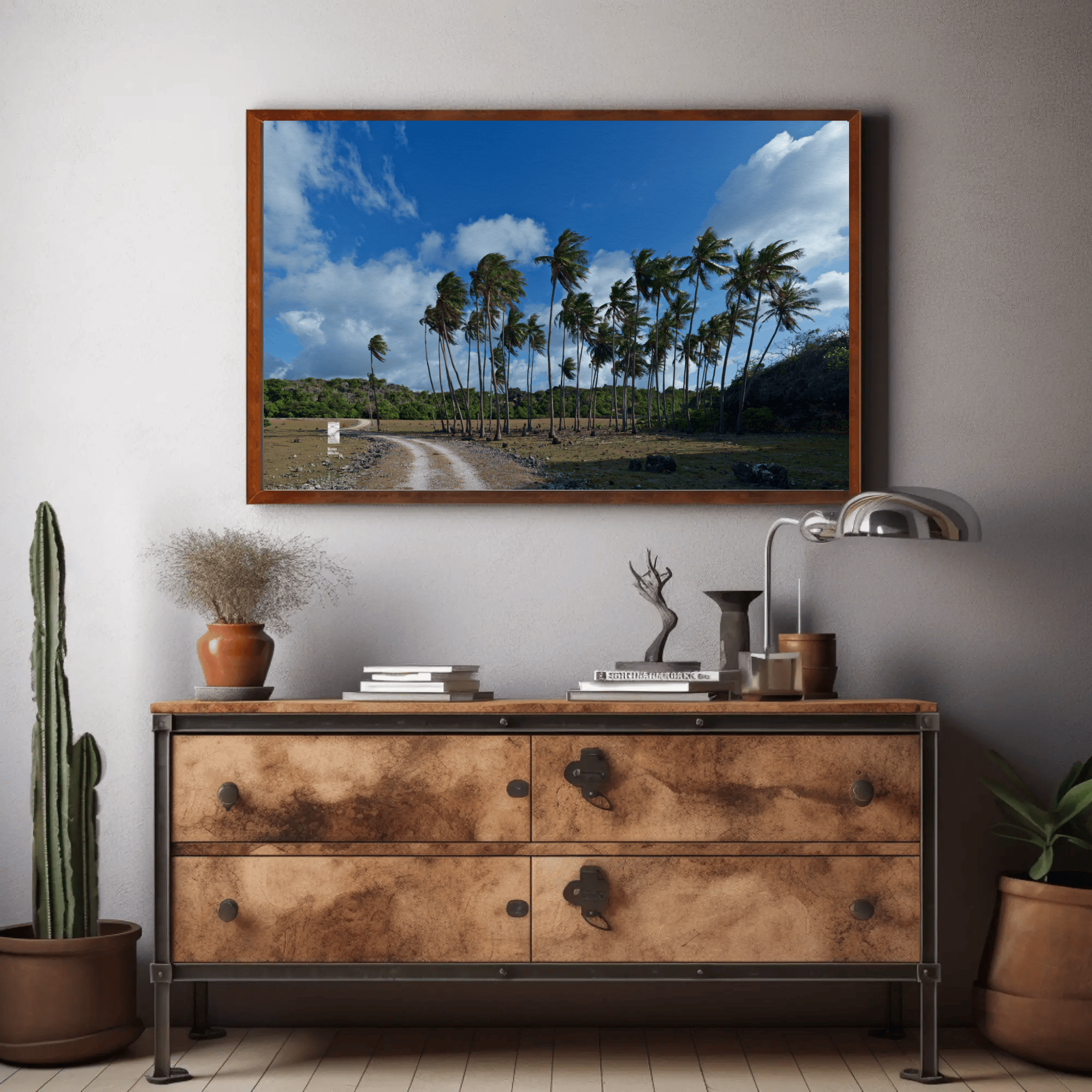 Palm trees canvas above sofa Rote Island tropical wall art mockup_23