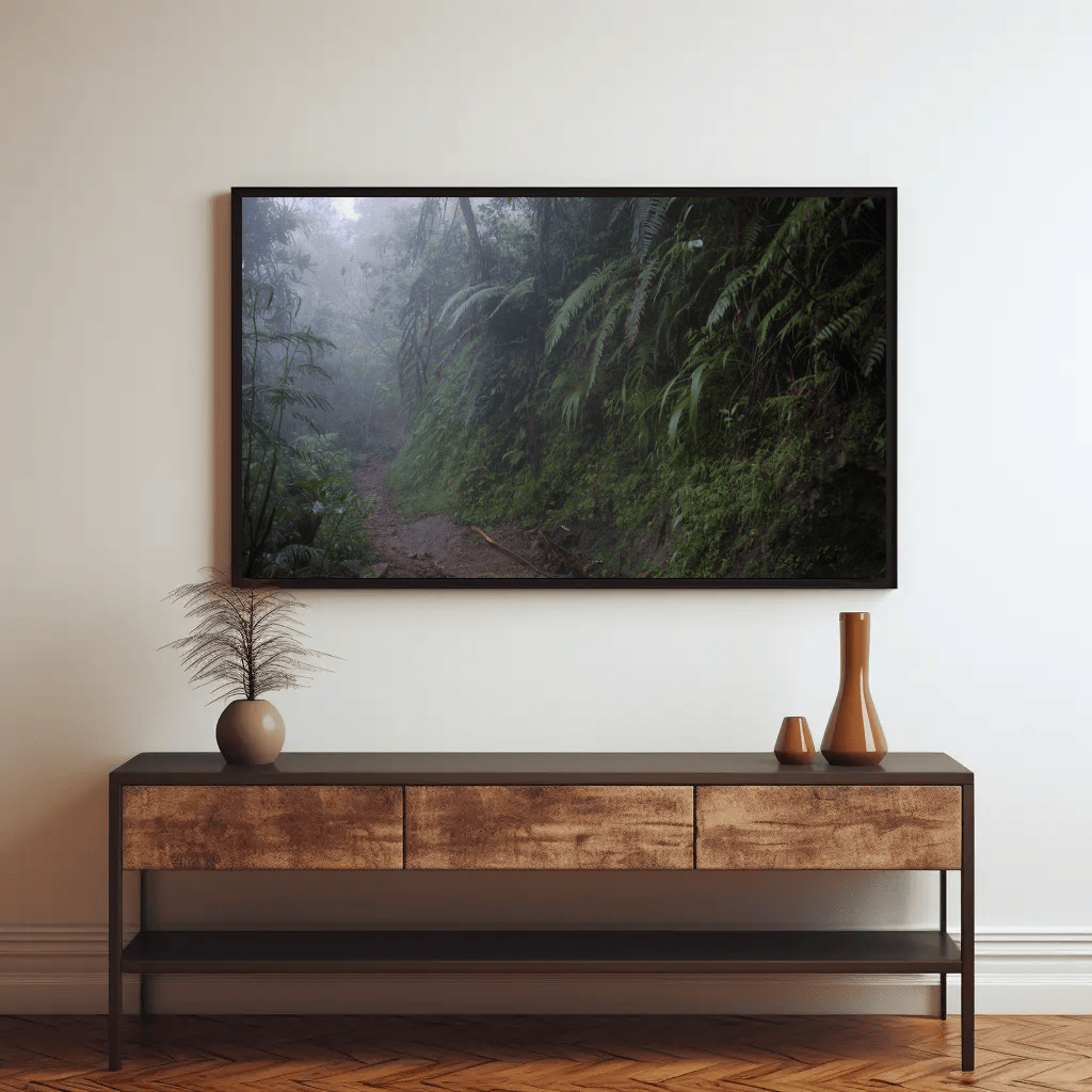 Jungle fog photo print, Waerebo Village Flores Island mountain hiking road, poster interior mockup_13 | Kevin Winda Wellness