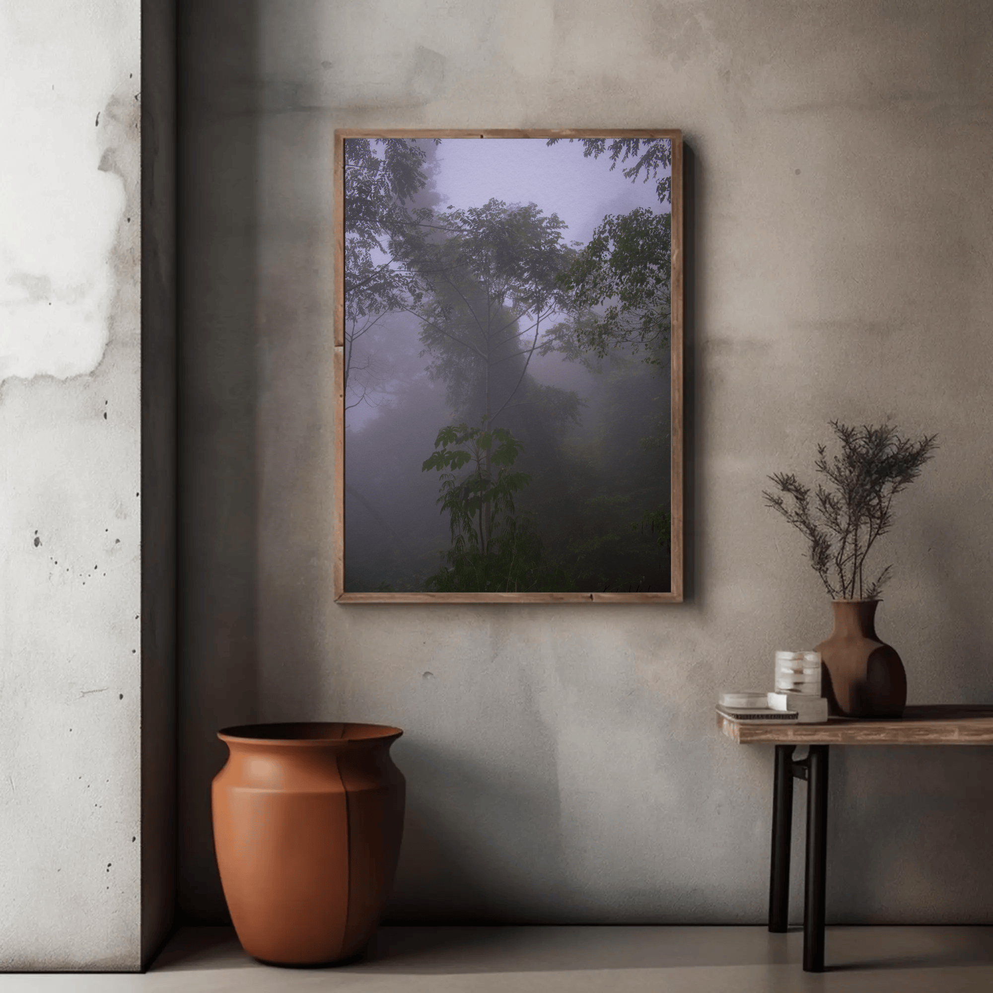 Canvas wall art  - dark foggy jungle photo print, mountain trees in Flores, Indonesia, mockup 13 | Kevin Winda Wellness