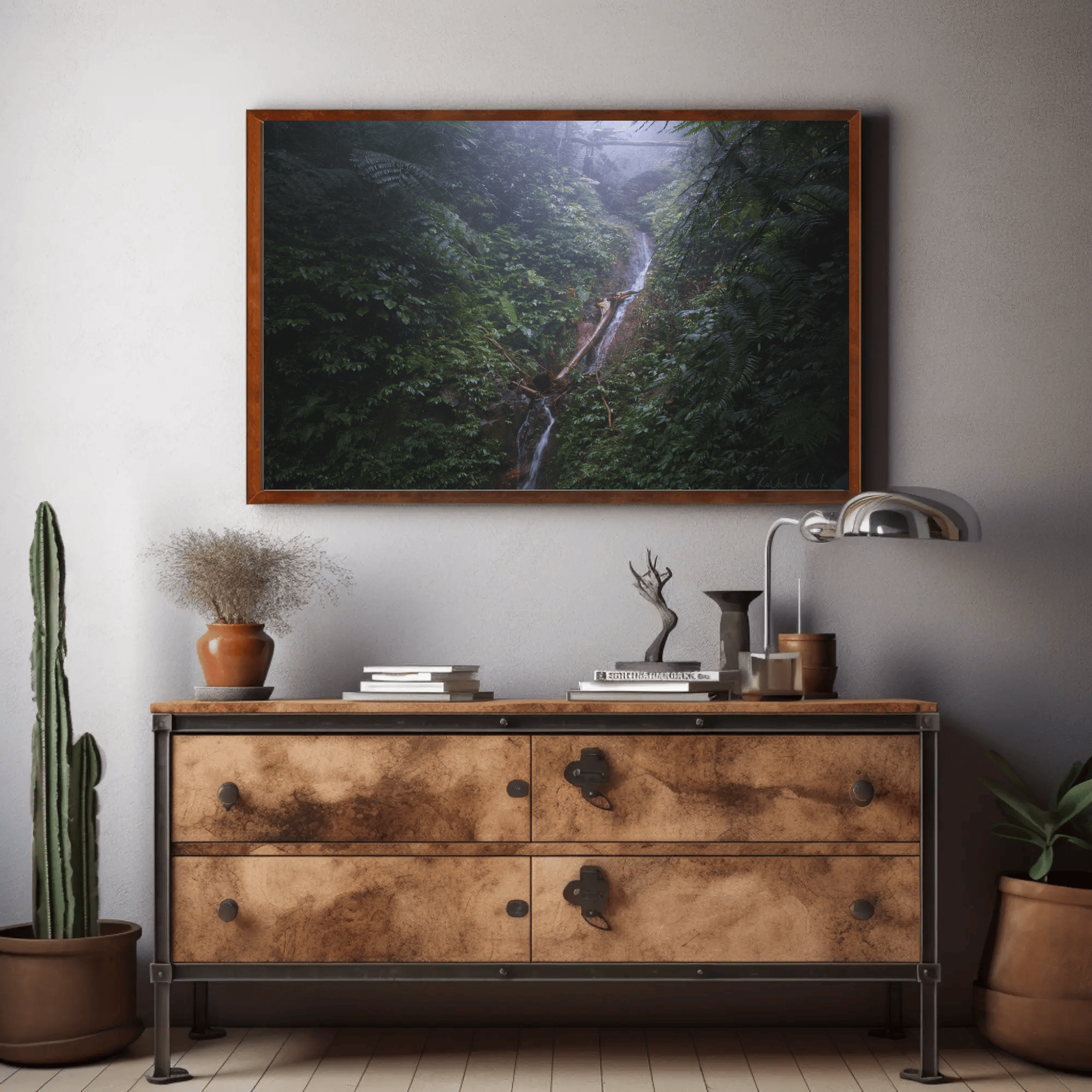 Jungle waterfall photo print wall art living room Flores tropical island mockup 3
