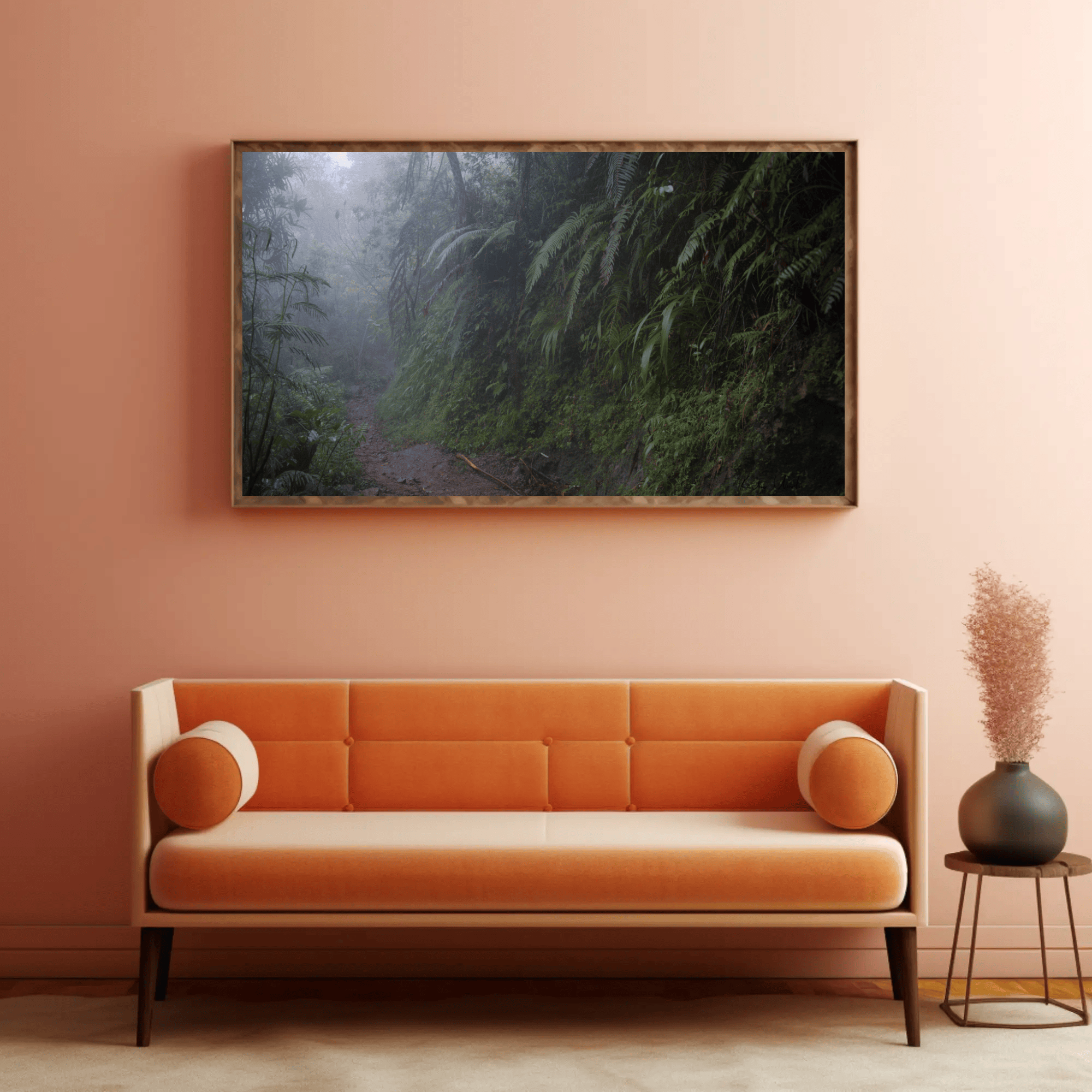 Foggy Jungle canvas, Flores Island mountain road, interior mockup_21 | Kevin Winda Wellness