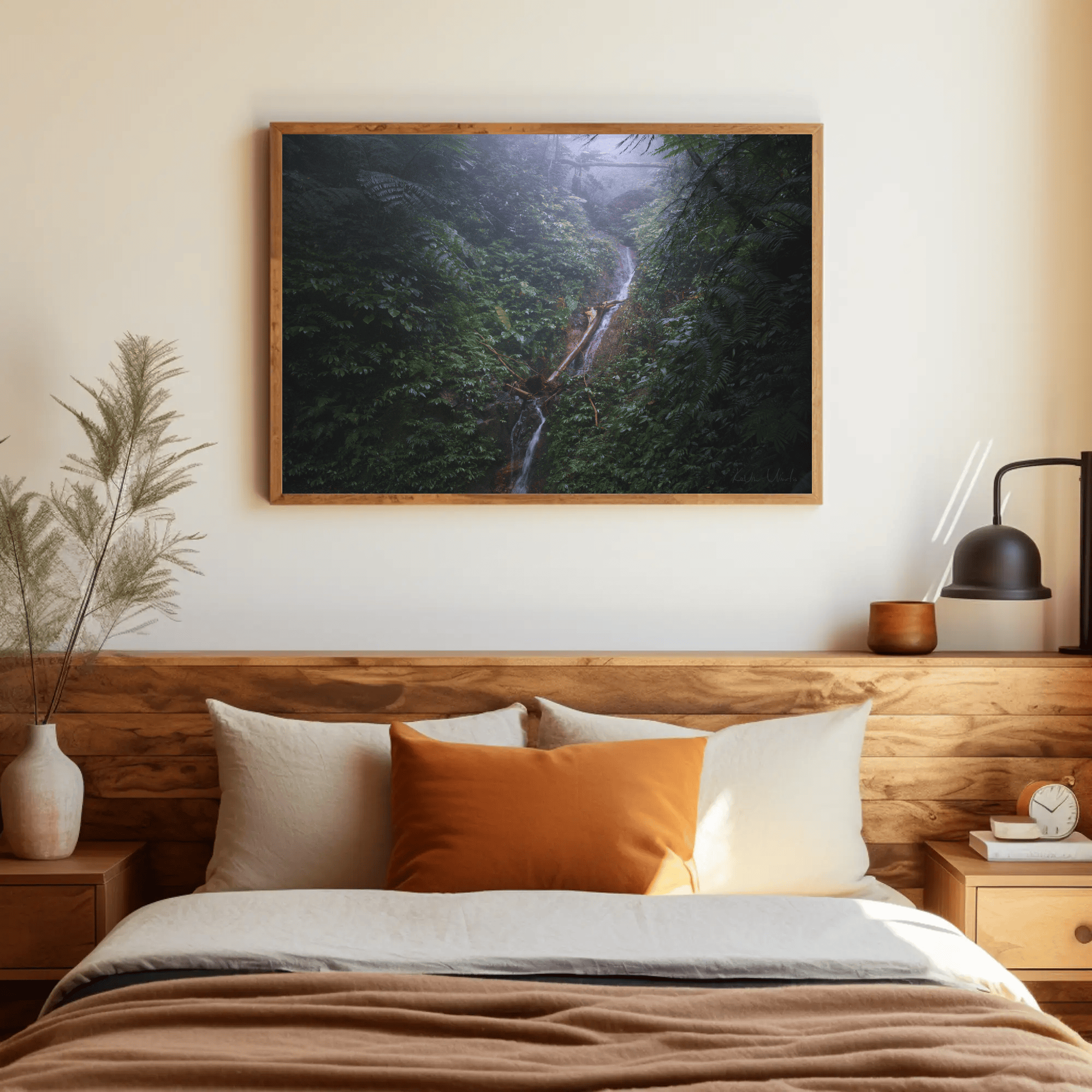 Jungle waterfall photo print nature canvas above the bed Flores island mockup 22