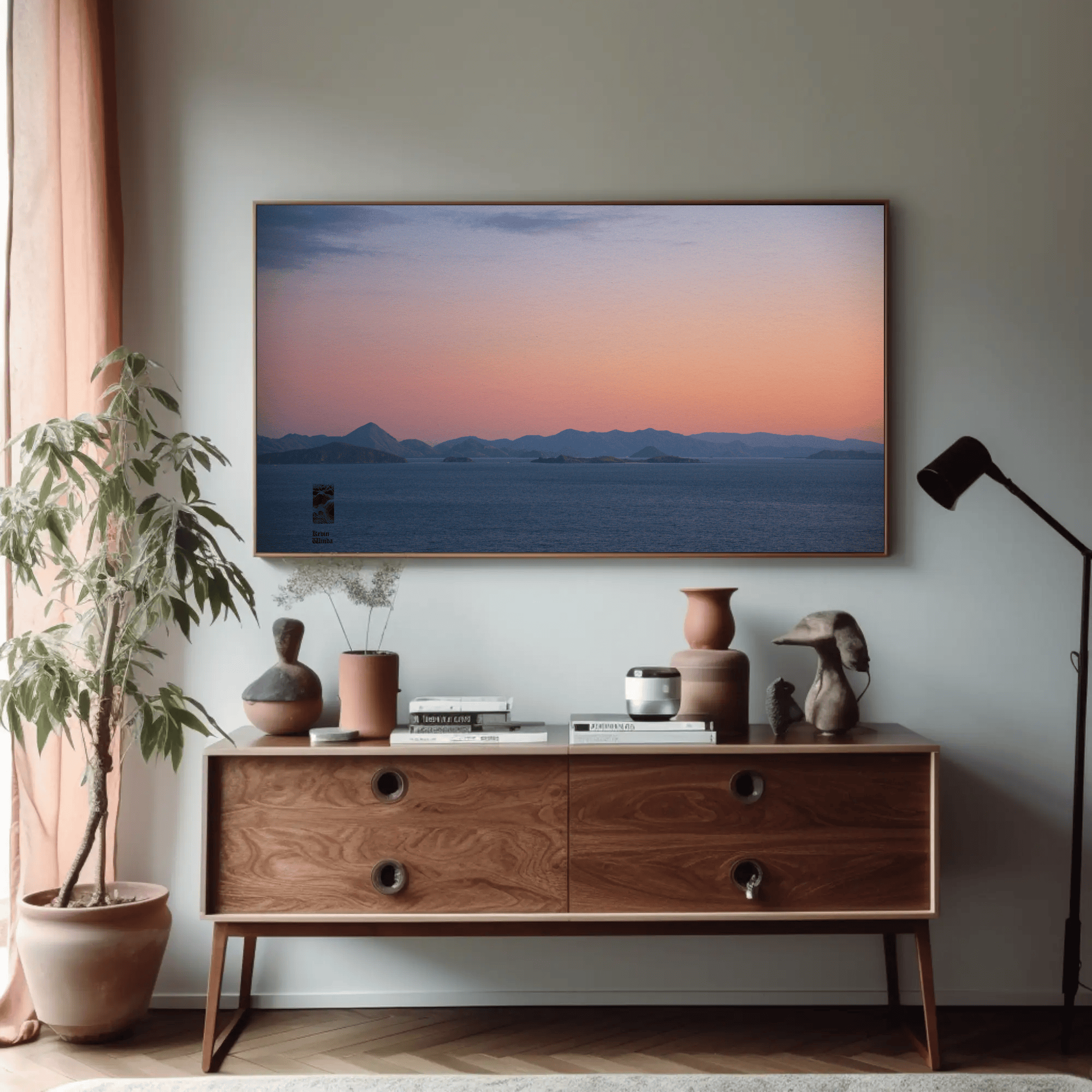 Coastal sunset canvas meditative photo print Komodo Islands hills Indonesia mockup 5