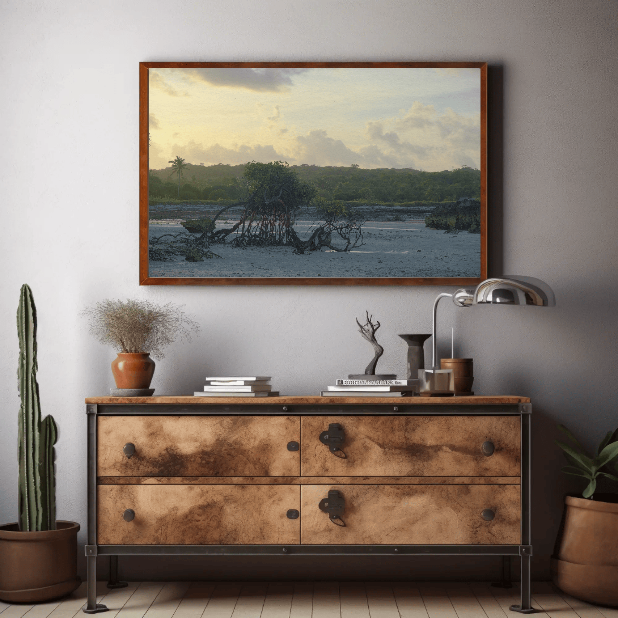 Prehistoric landscape photo print high resolution poster, Indonesian landscape tropical coastal sunset, mockup 2 | Kevin Winda