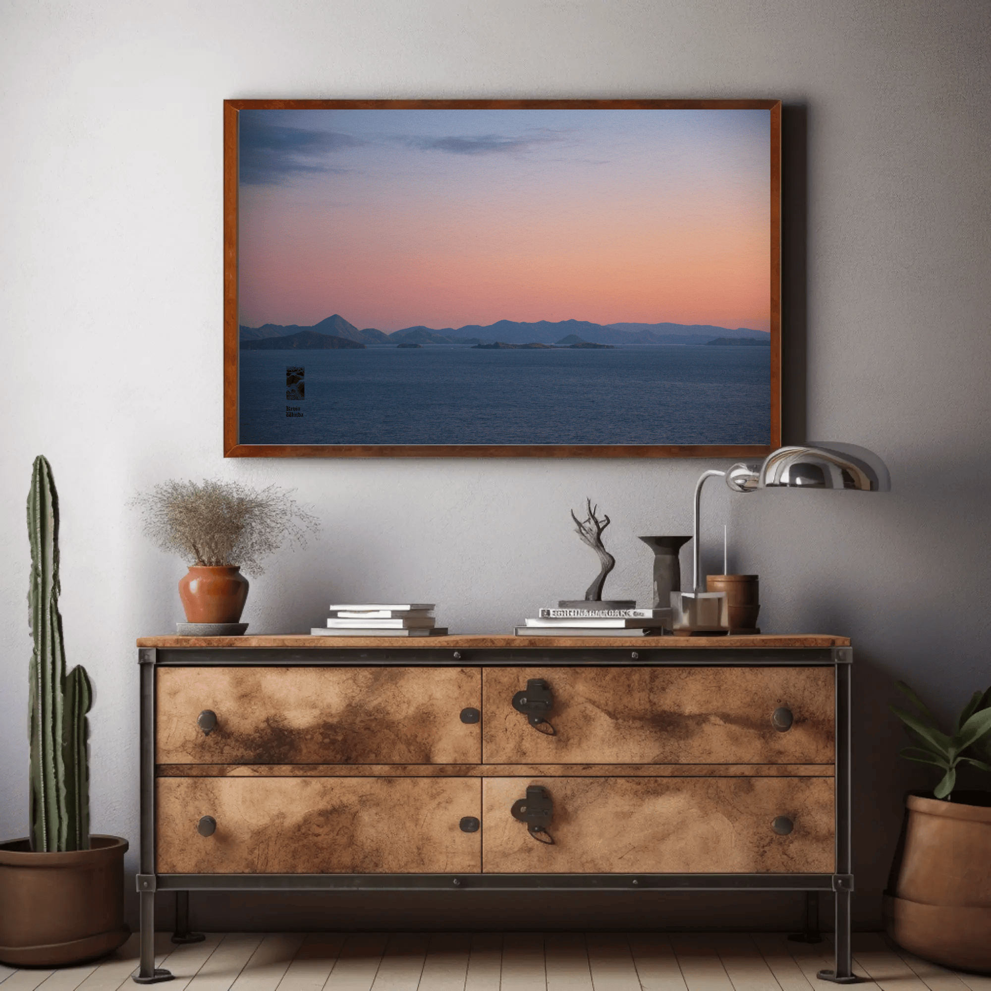 Ocean sunset canvas photo print Komodo Islands hills Flores Indonesia mockup 14