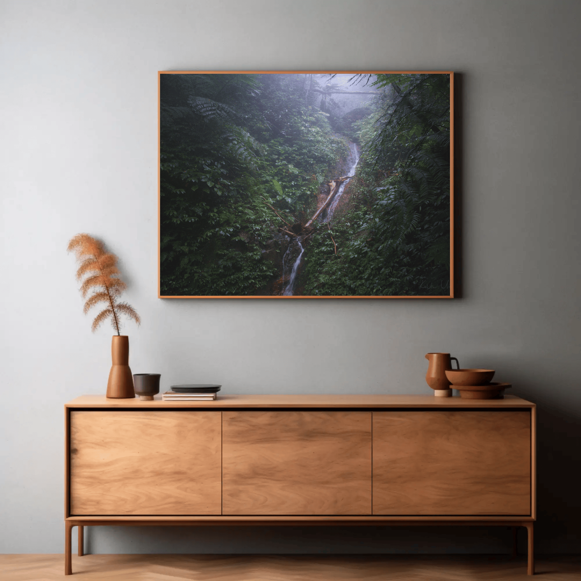 Jungle waterfall photo print canvas Flores island interior mockup 16