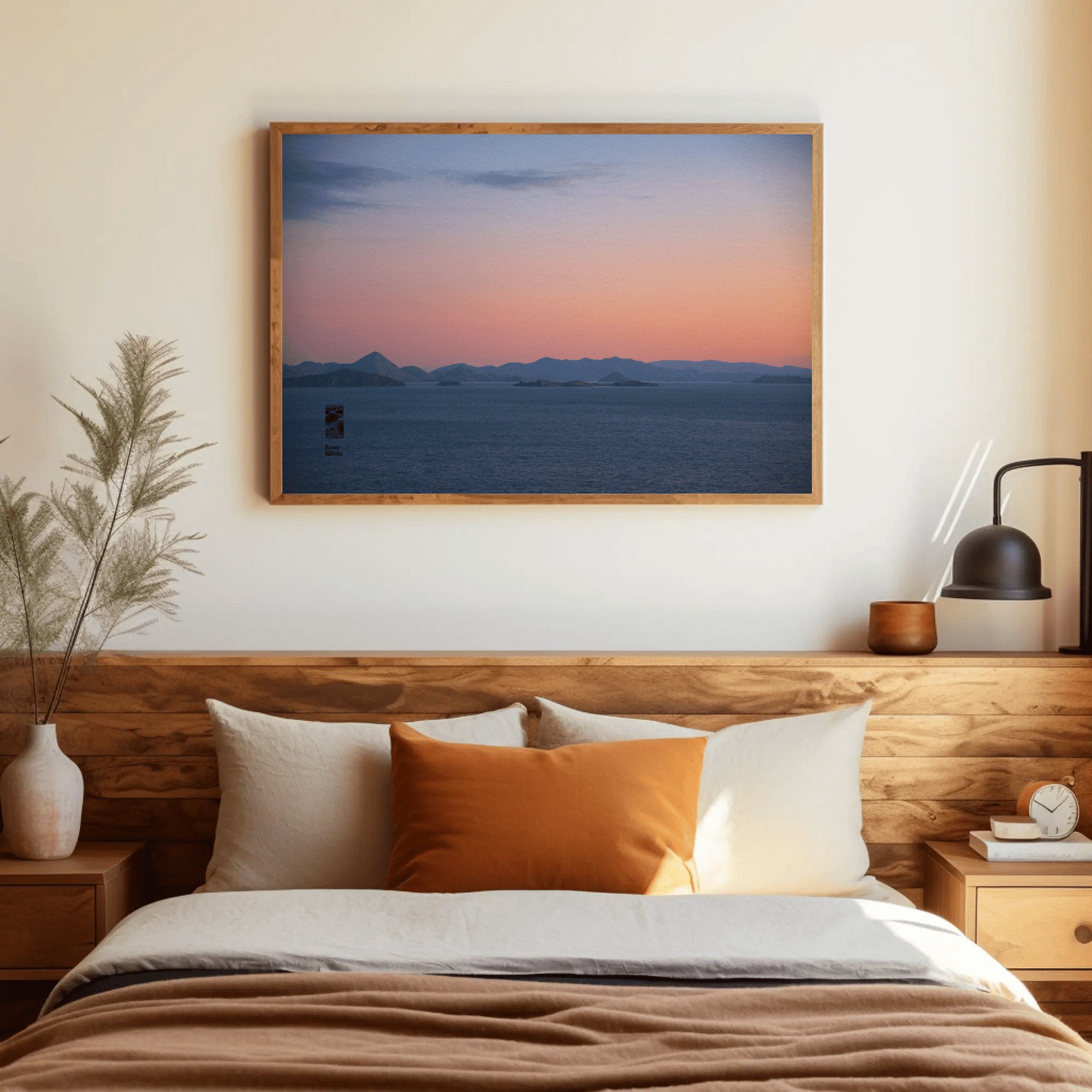 Coastal sunset canvas above bed photo print Komodo Islands hills Indonesia bedroom mockup 19