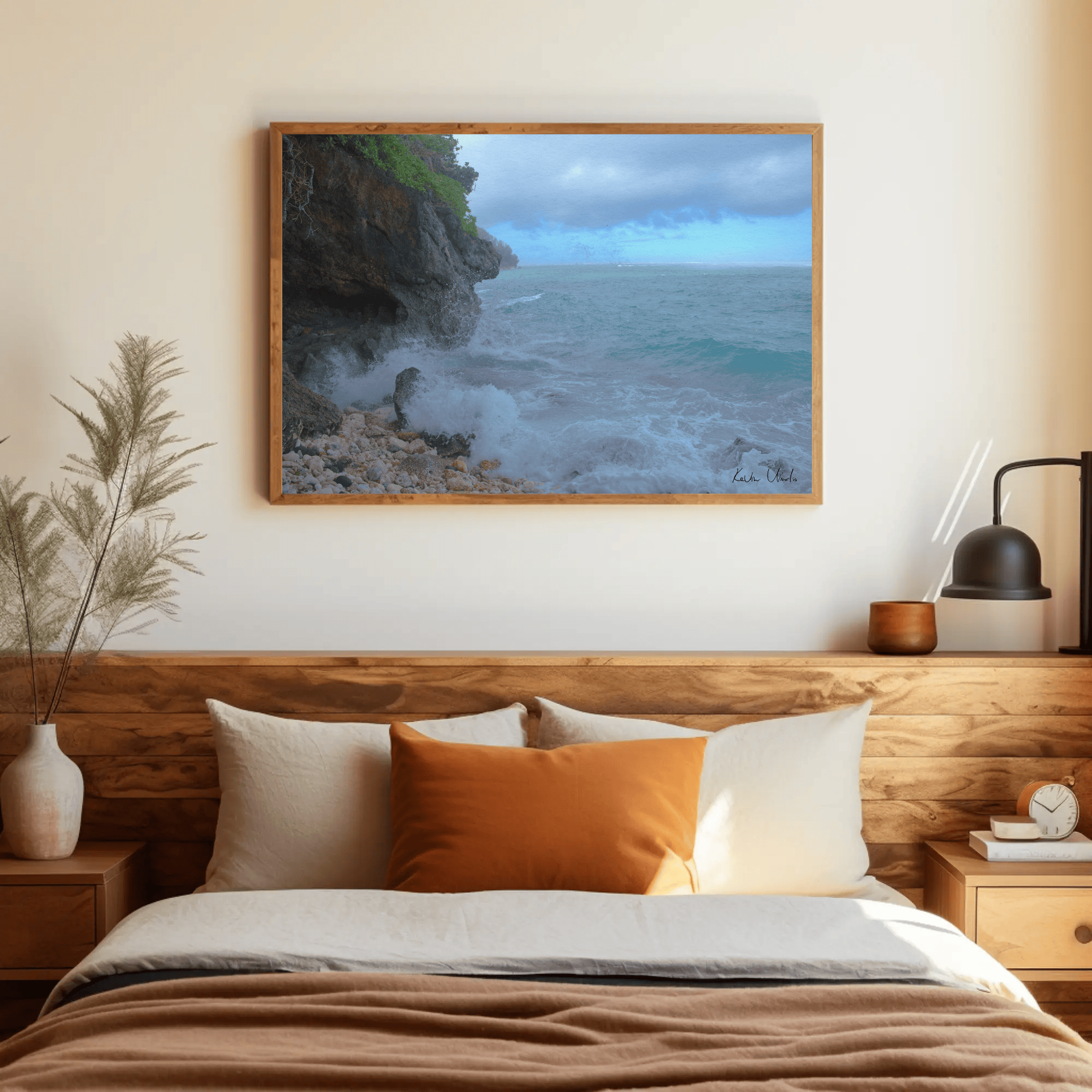 Wall photo print, ocean beach waves. Bali, Uluwatu, Green Bowl Beach. Mockup_18 | Kevin Winda