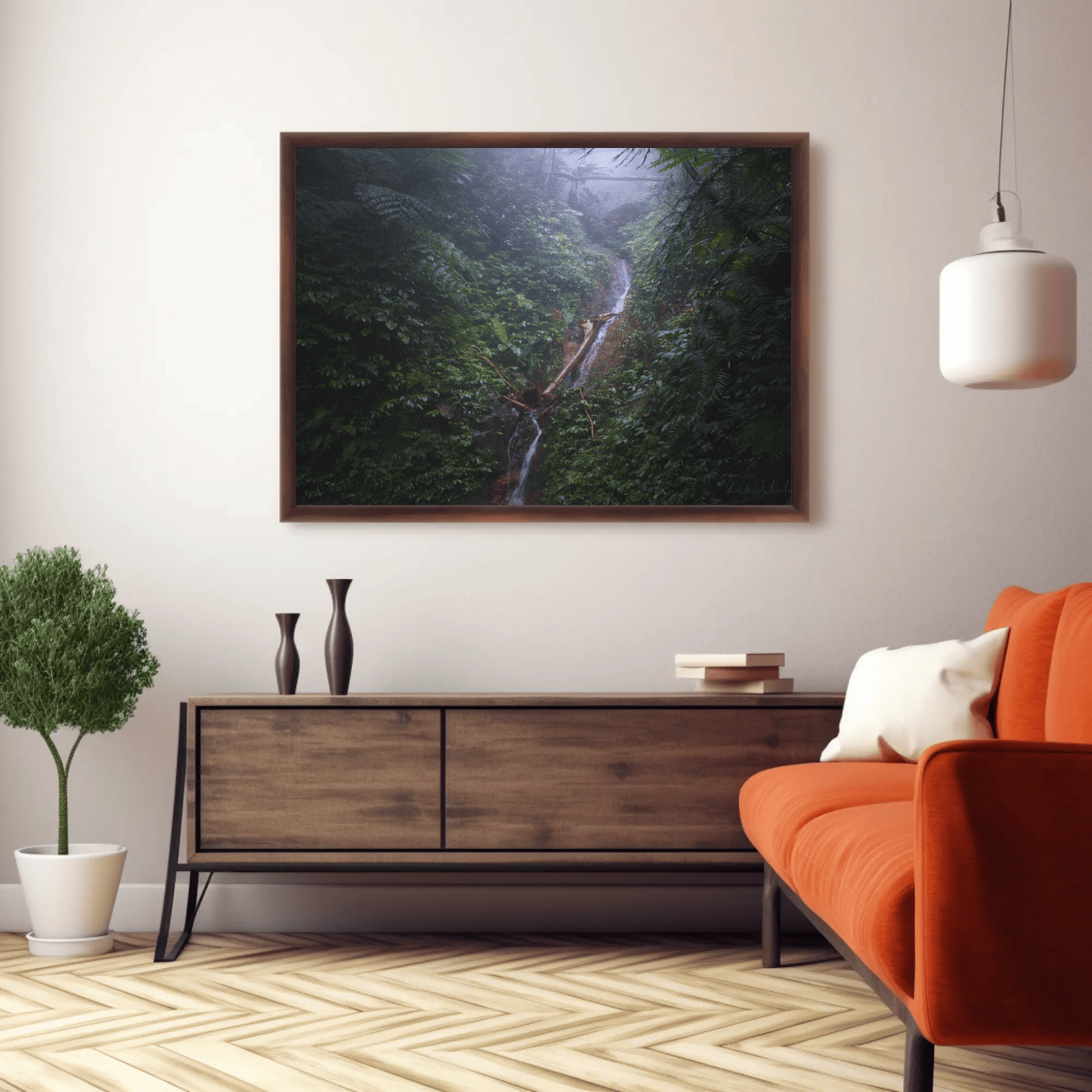 Jungle waterfall photo print nature canvas living room Flores island mockup 23