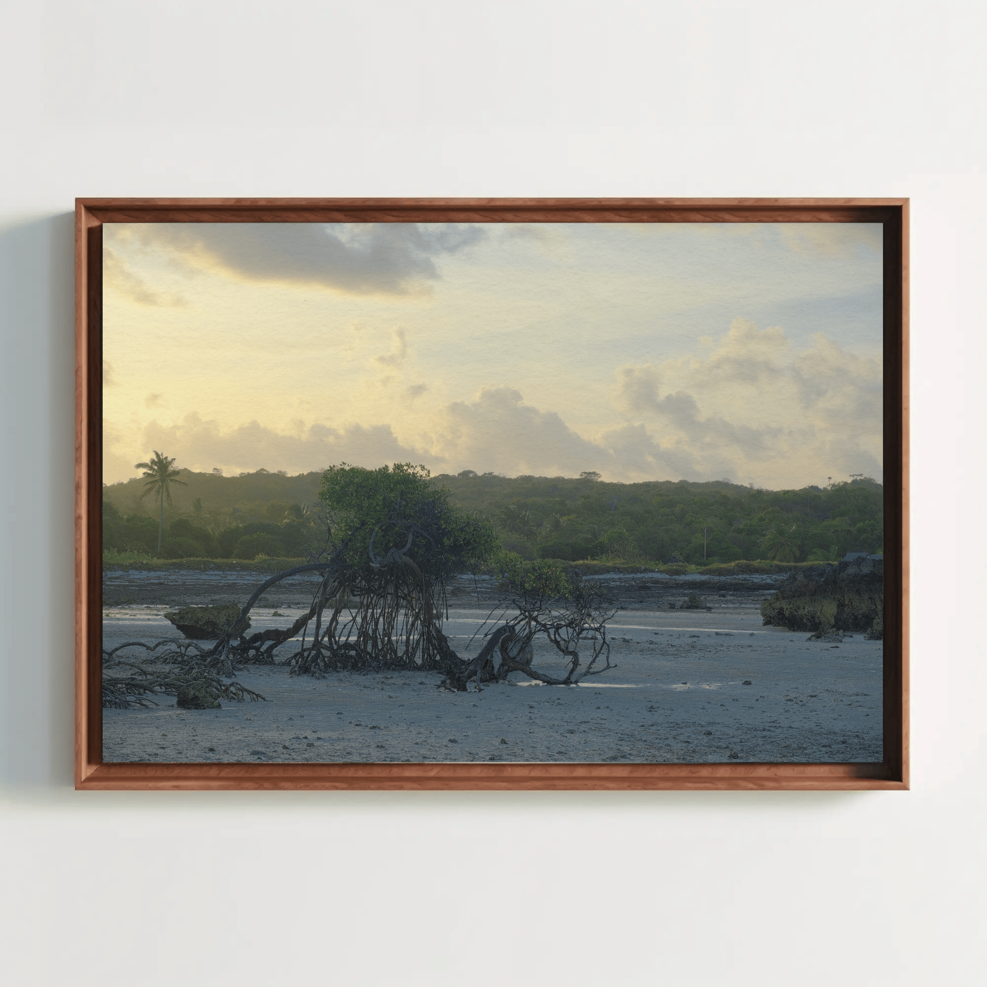 Prehistoric landscape art, ocean beach jungle tree photo print canvas framed, poster mockup 18 | Kevin Winda