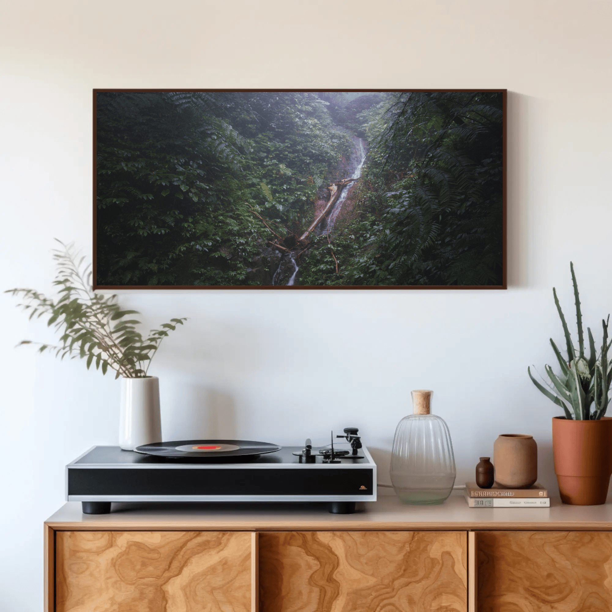 Jungle waterfall canvas print Flores living room mockup 2