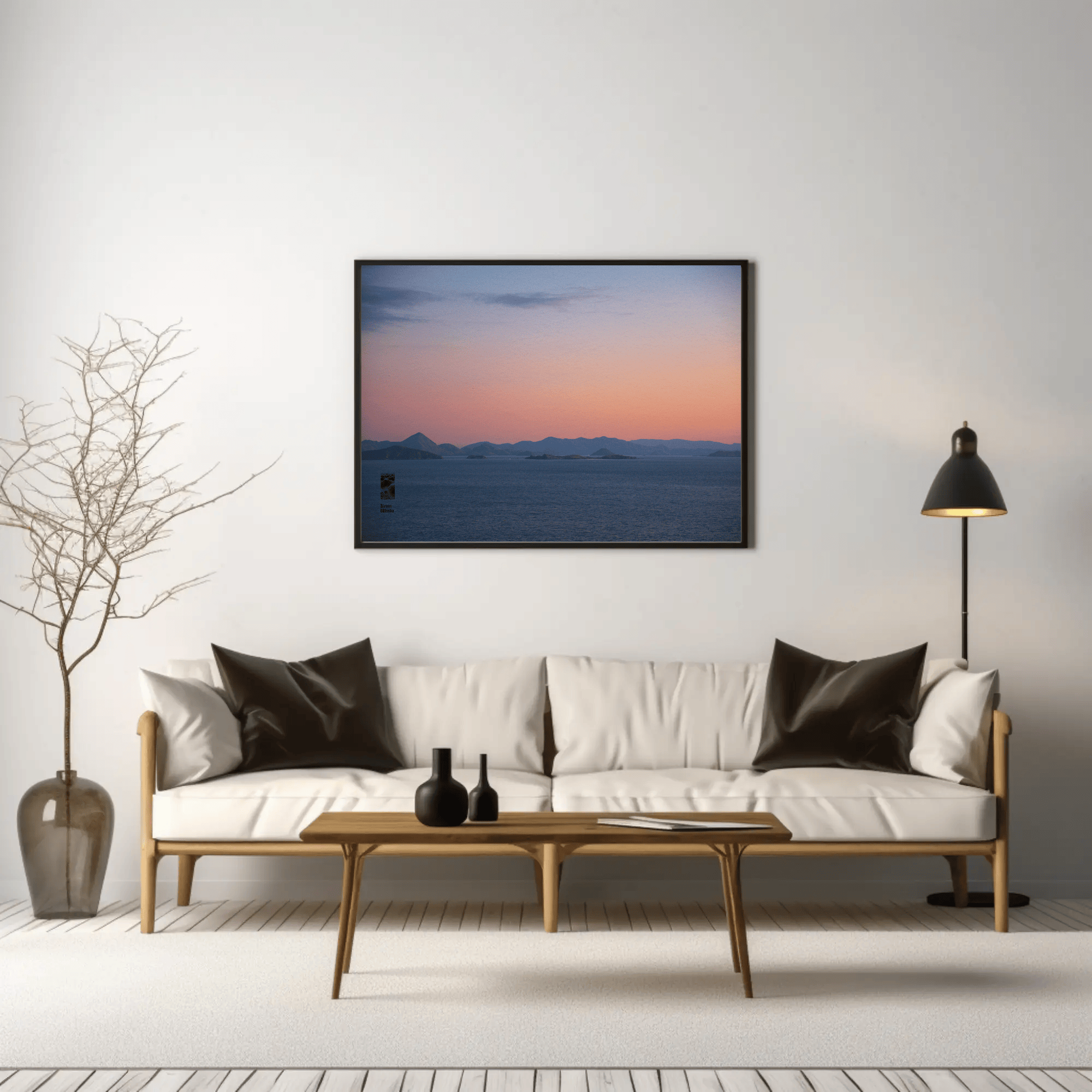 Ocean sunset canvas photography Komodo Islands hills Indonesia living room mockup 21