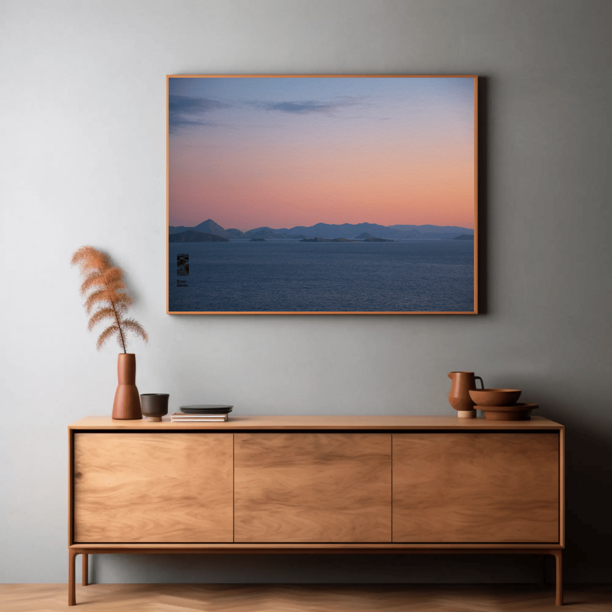 Ocean sunset canvas meditative photo print Komodo Islands hills Indonesia mockup 24