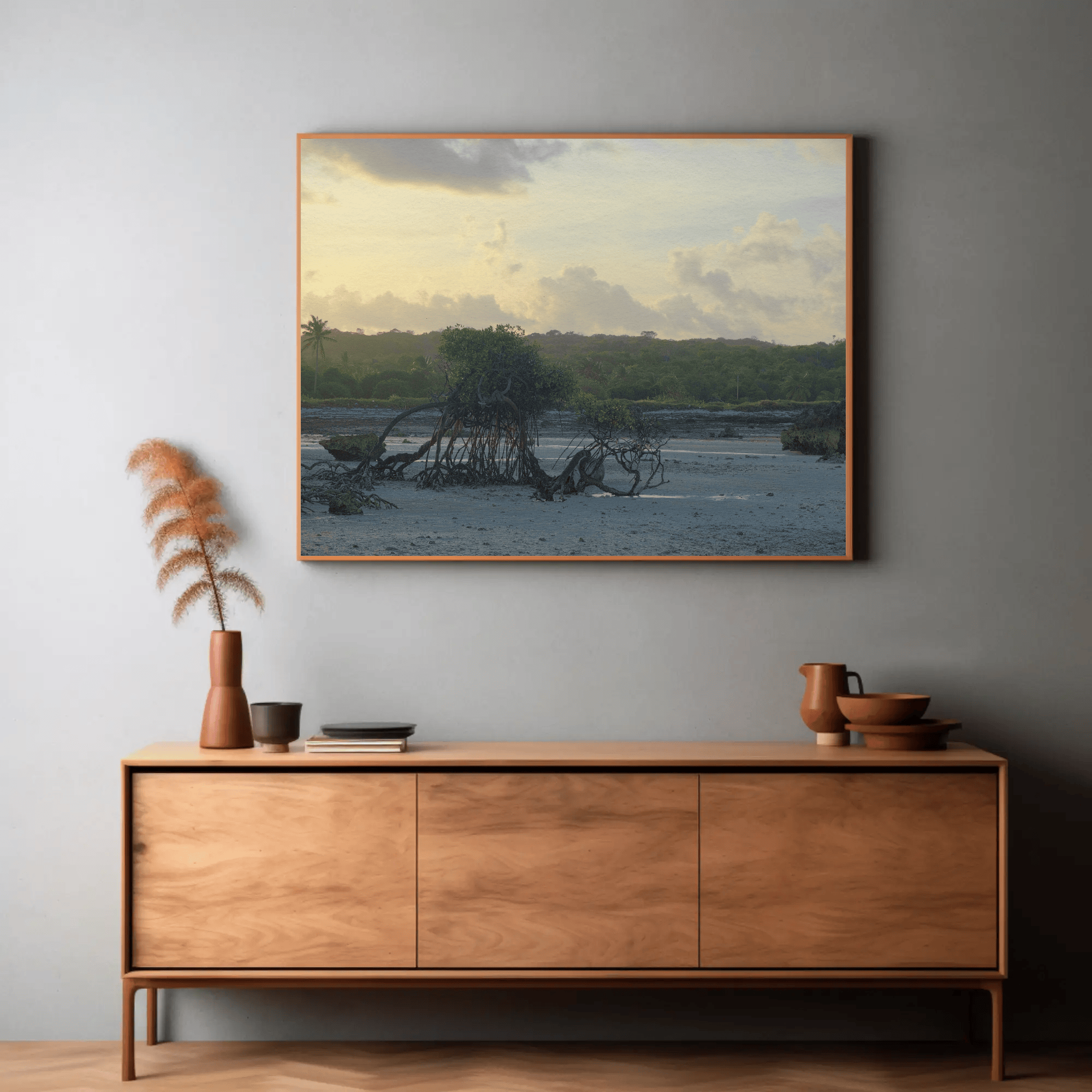 Prehistoric Landscape wall art photo print, high resolution - Indonesian jungle coast sunset, interior mockup 9 | Kevin Winda