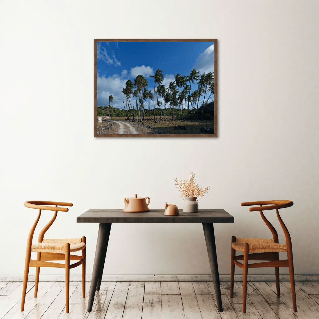 Palm trees canvas cafe interior Rote Island tropical wall art mockup_8