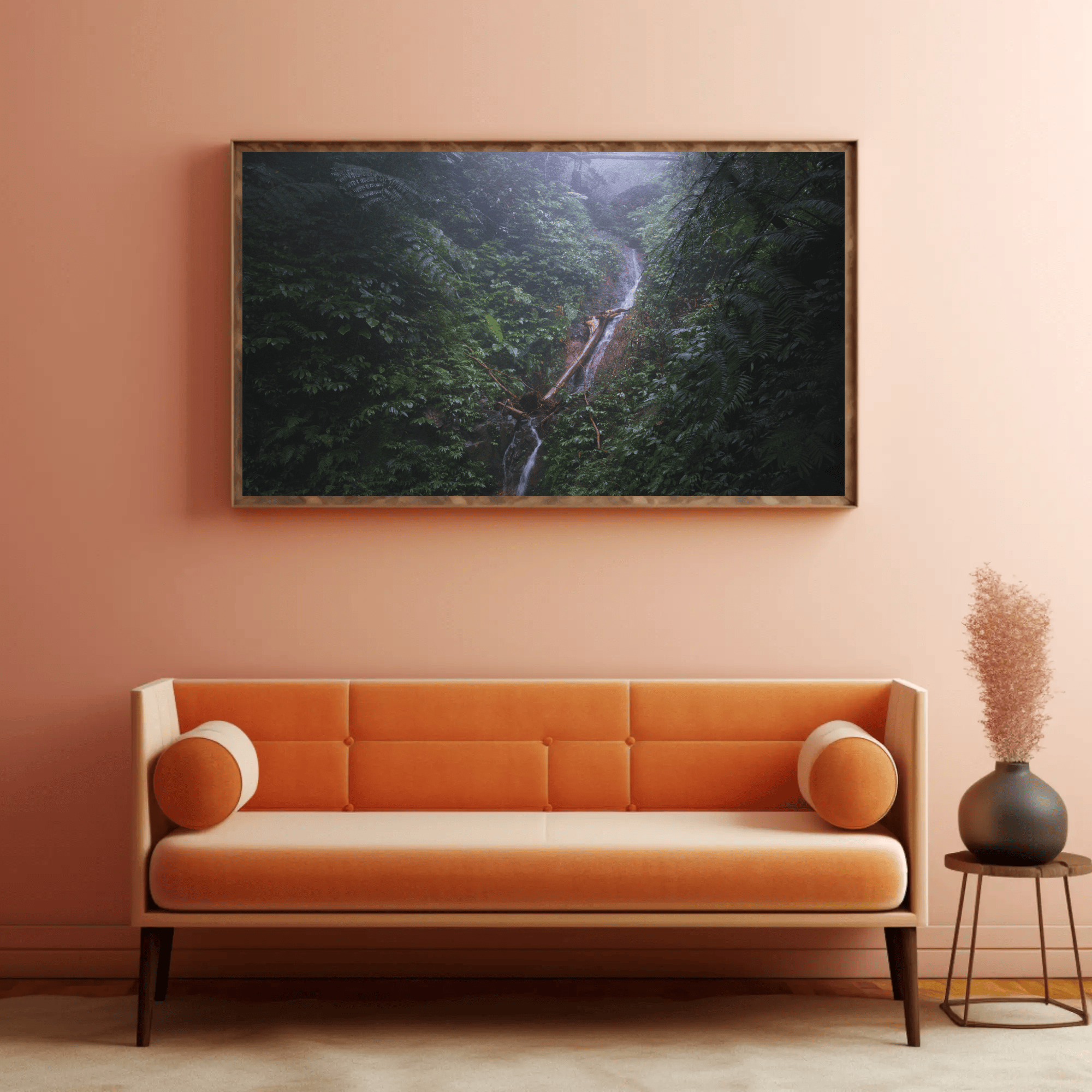 Jungle waterfall photo print canvas above sofa Flores tropical island nature mockup 24
