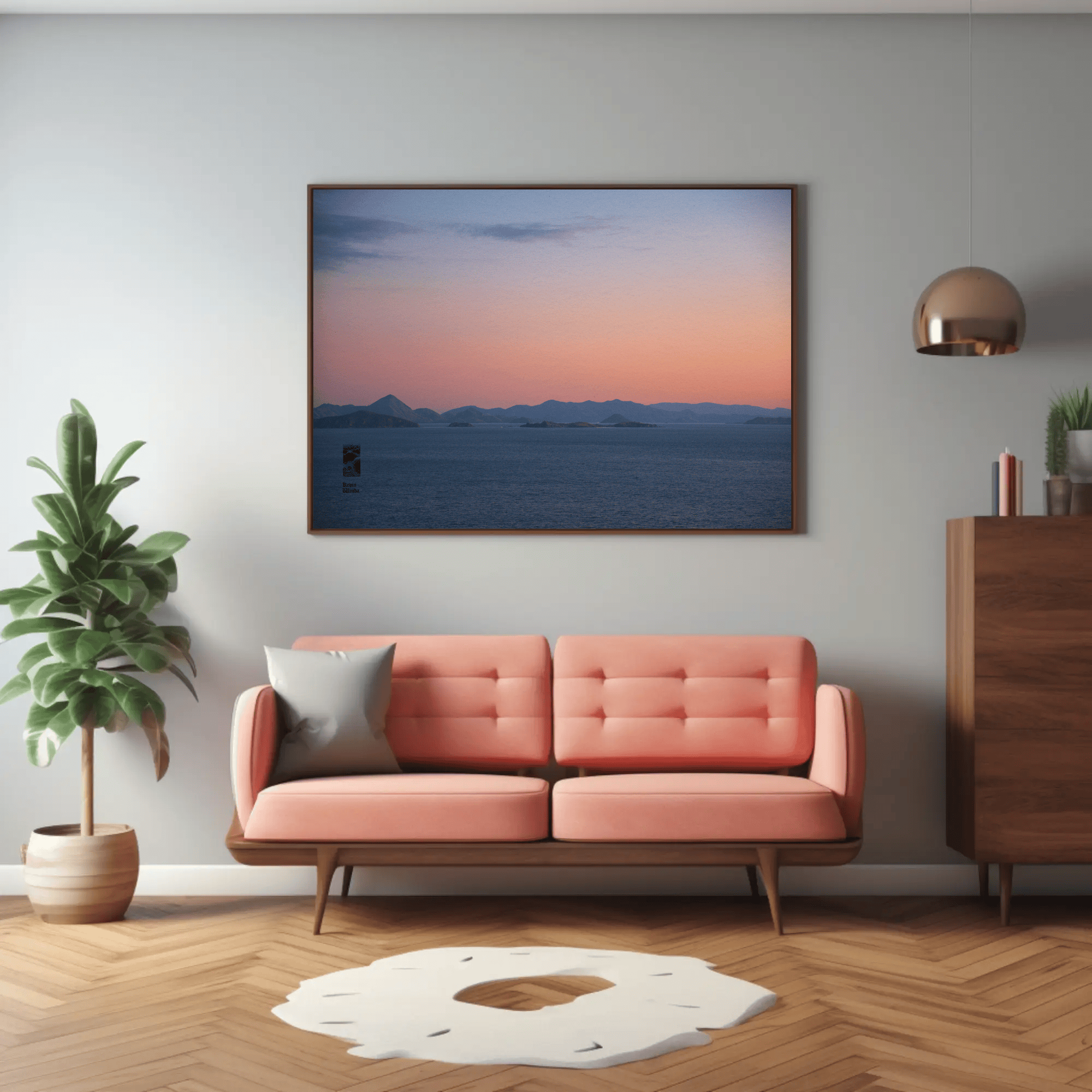 Ocean sunset canvas above sofa photo print Komodo Islands hills Flores Indonesia mockup 17