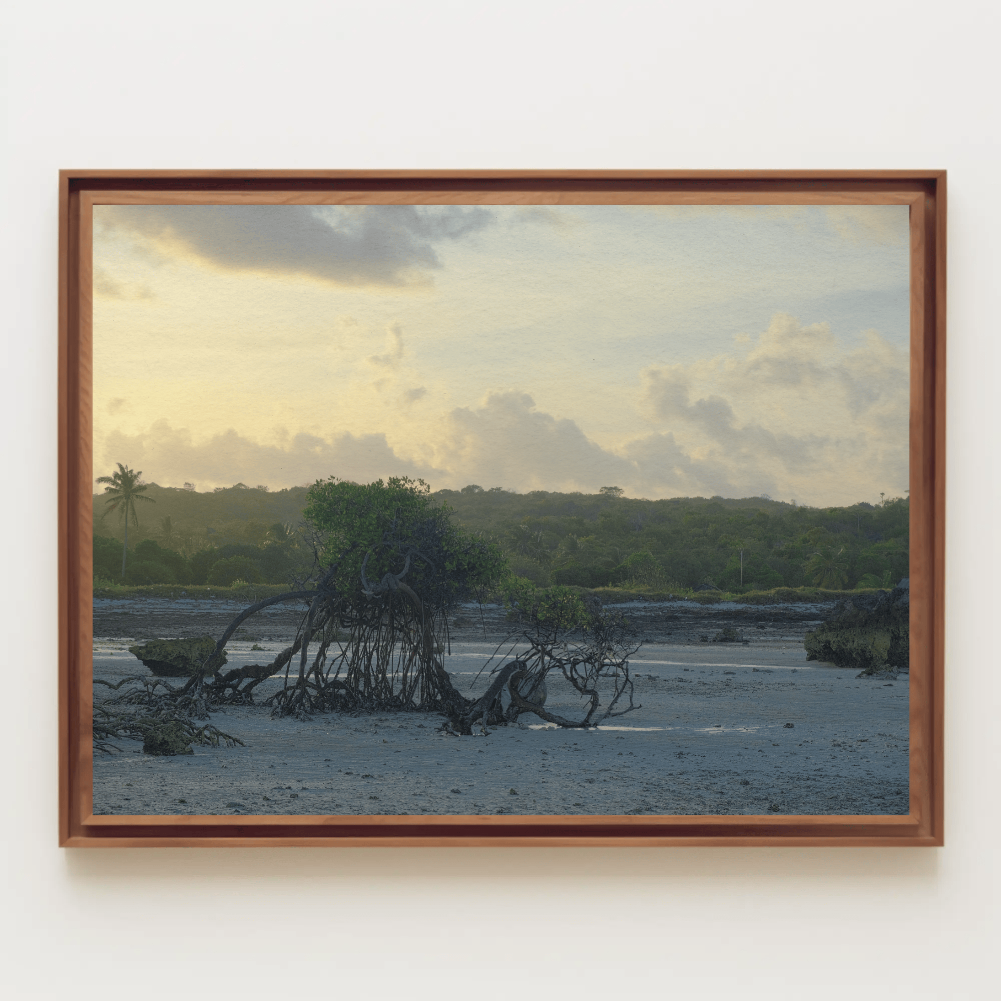 Prehistoric Landscape Art Photo Print framed in wood, high resolution - Indonesian jungle coastal sunset, mockup 7 | Kevin Winda