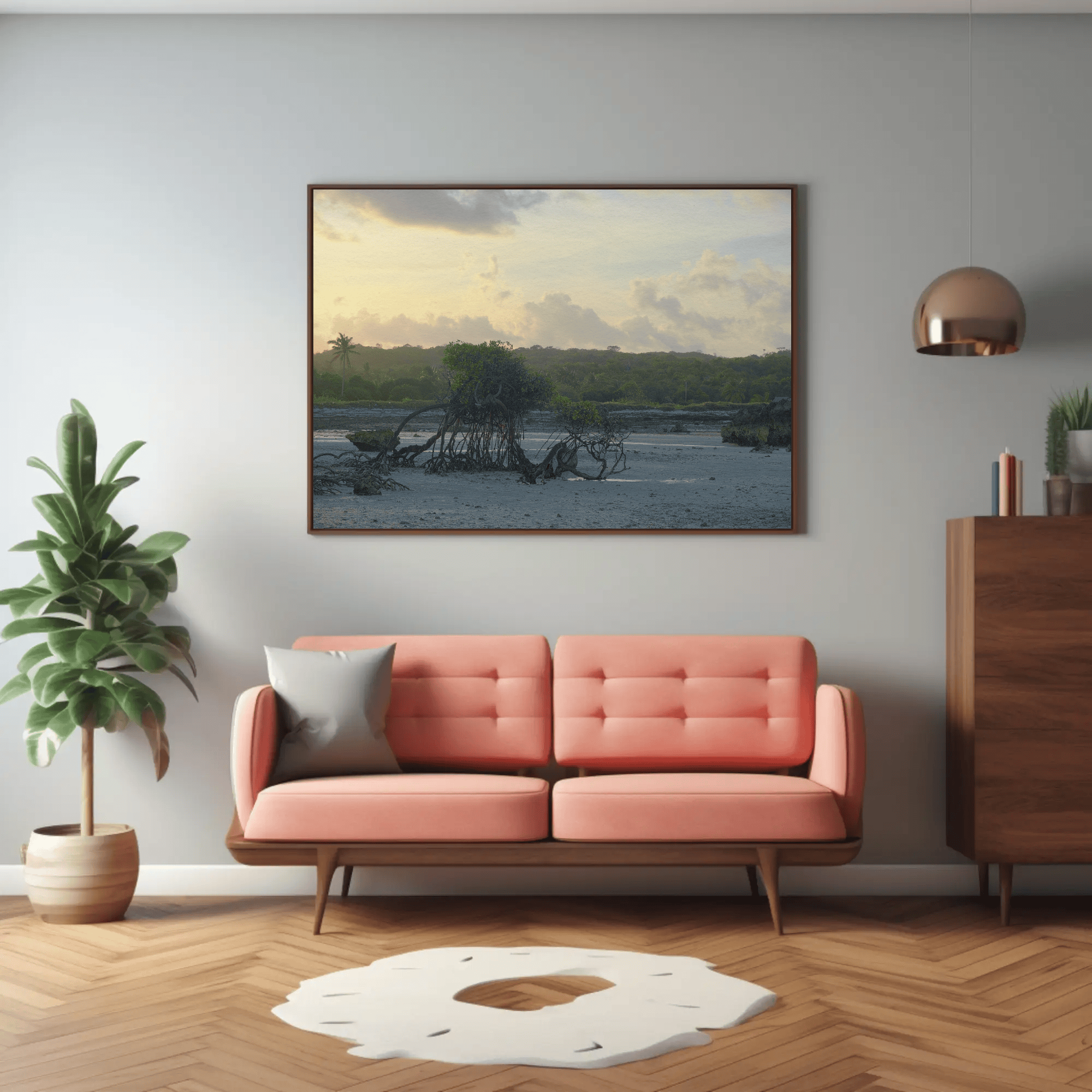 Prehistoric landscape art, ocean beach jungle tree photo print canvas framed, landscape poster mockup 5 | Kevin Winda