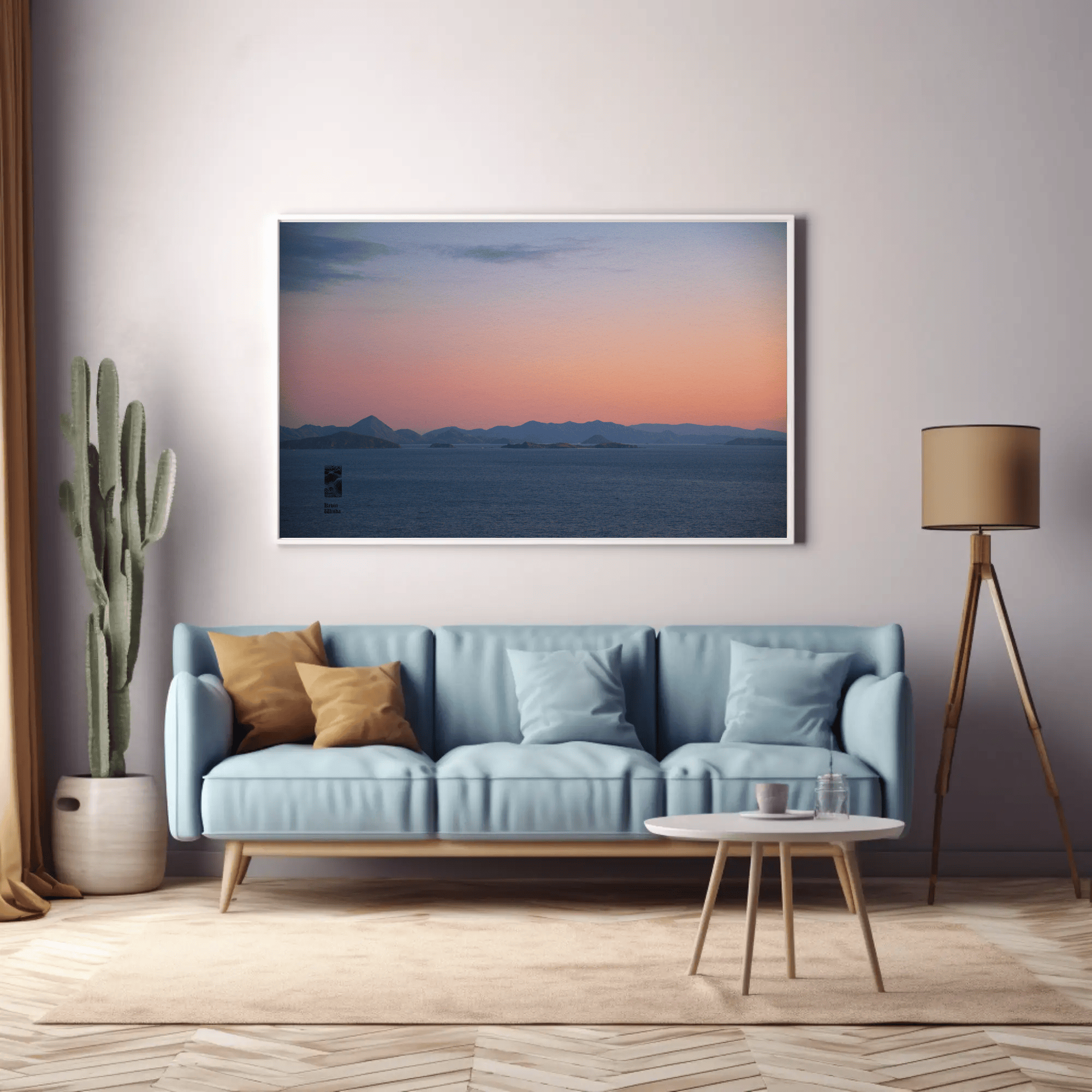 Coastal sunset canvas above sofa photo print Komodo Islands hills Indonesia mockup 18