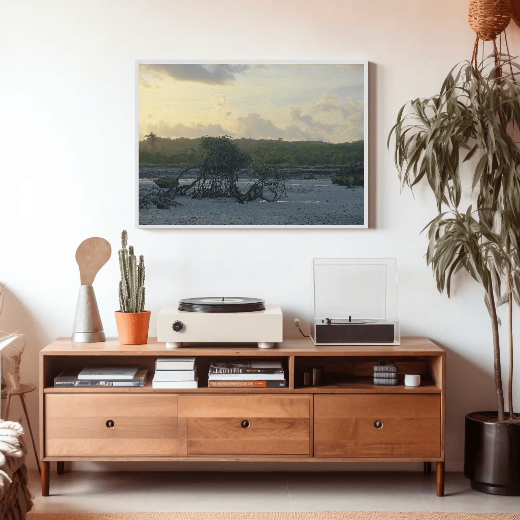 Prehistoric landscape canvas photo print, beach sunset jungle tree poster, Rotes Island, Indonesia mockup 10 | Kevin Winda