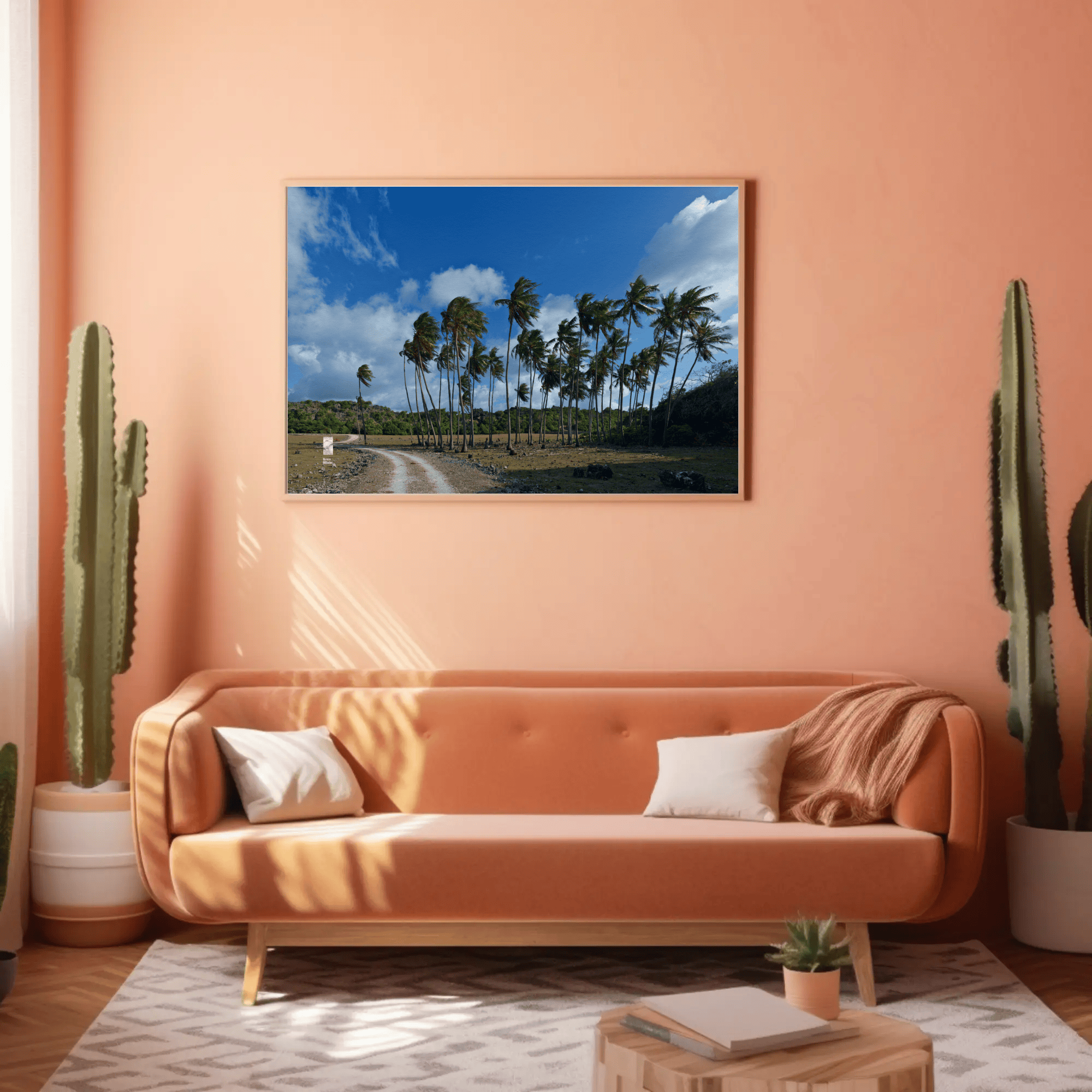 Palm trees canvas above sofa Rote Island tropical photo print mockup_7