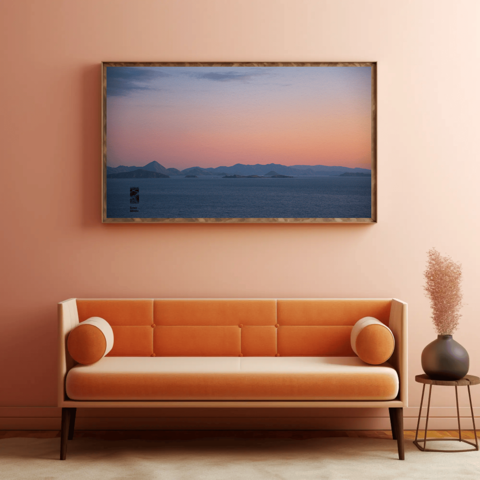 Ocean sunset canvas above the sofa photography Komodo Islands hills Indonesia mockup 22