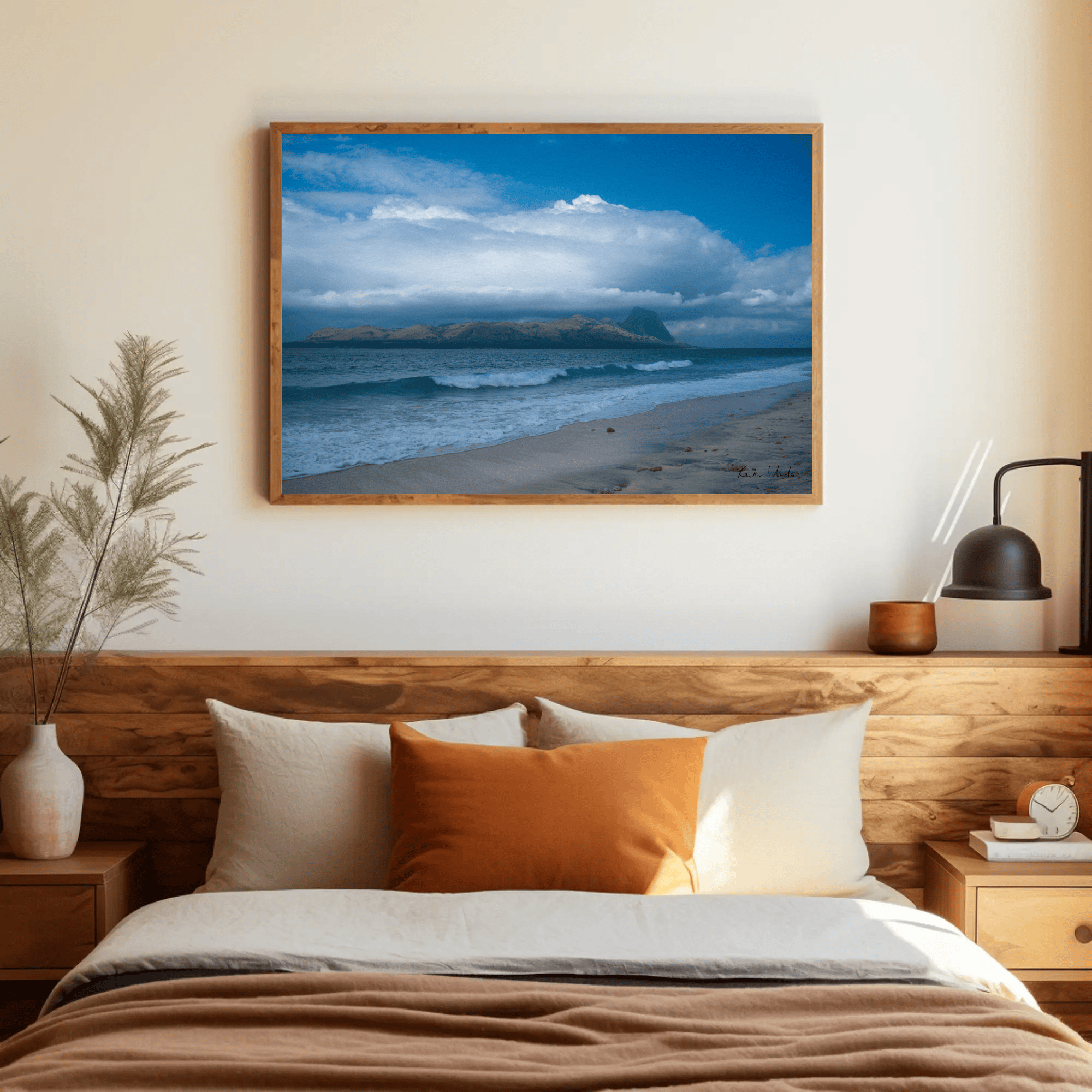 Ocean beach waves photo print, tropical island rock in clouds wall art canvas, Indonesia