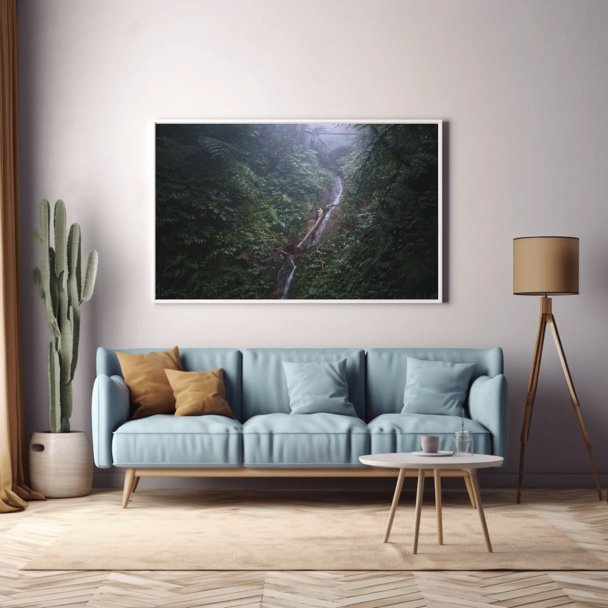 Jungle waterfall photo print wall art tropical island Flores above sofa mockup 8
