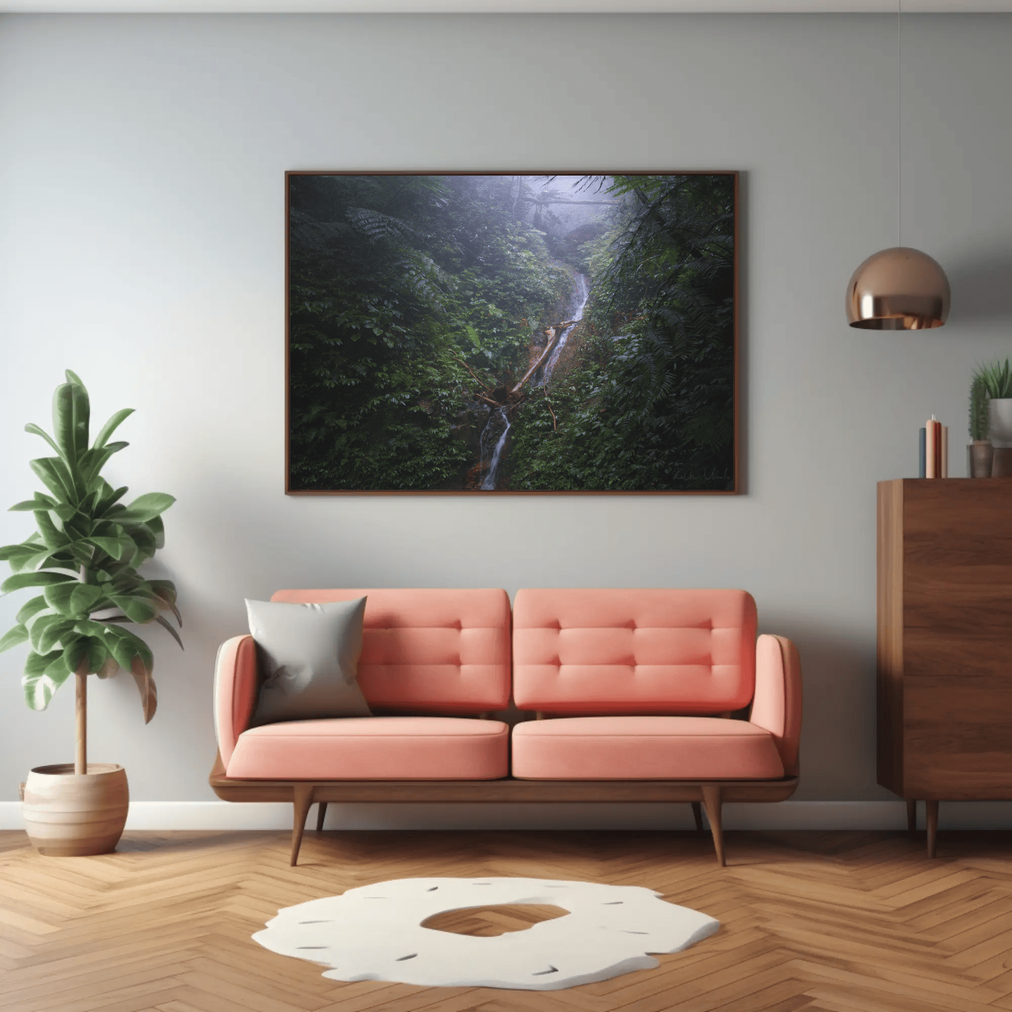 Jungle waterfall photo print canvas above sofa indonesia flores island wall art mockup 10
