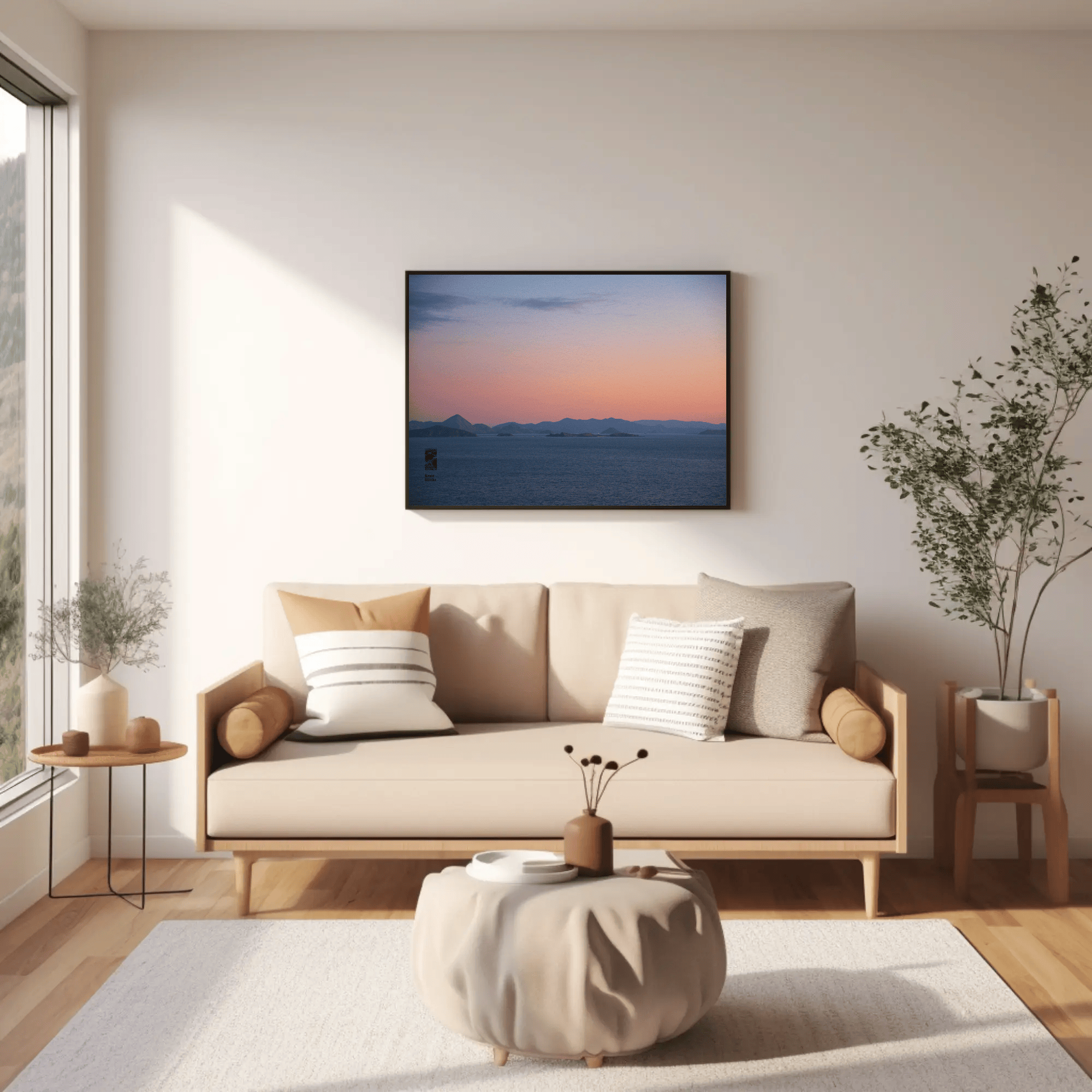 Coastal sunset canvas ocean photo print Komodo Islands hills living room mockup 11