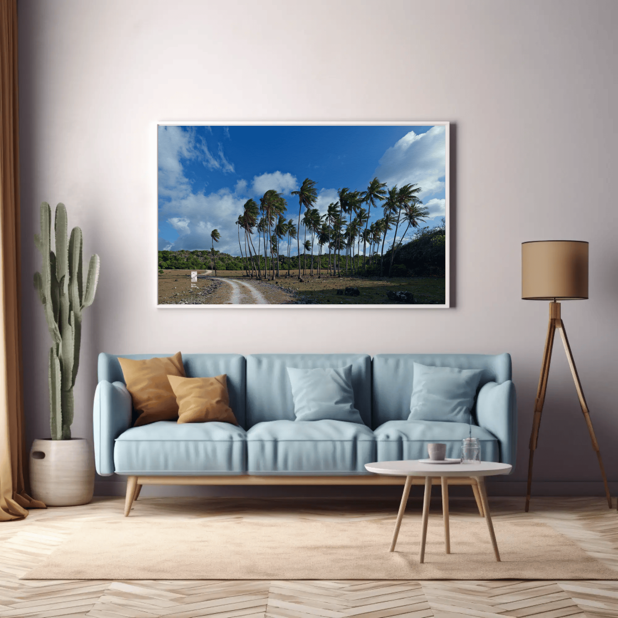Palm trees canvas above sofa Rote Island photo print mockup_22