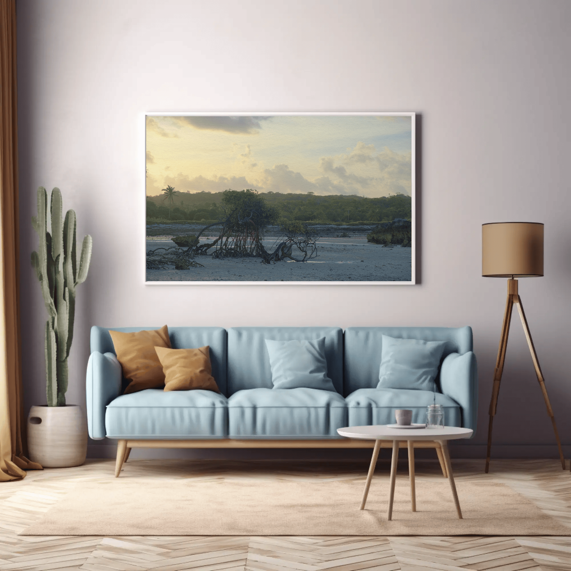 Prehistoric landscape canvas photo print, beach sunset jungle tree poster framed, Rotes Island, Indonesia mockup 24, living room interior | Kevin Winda