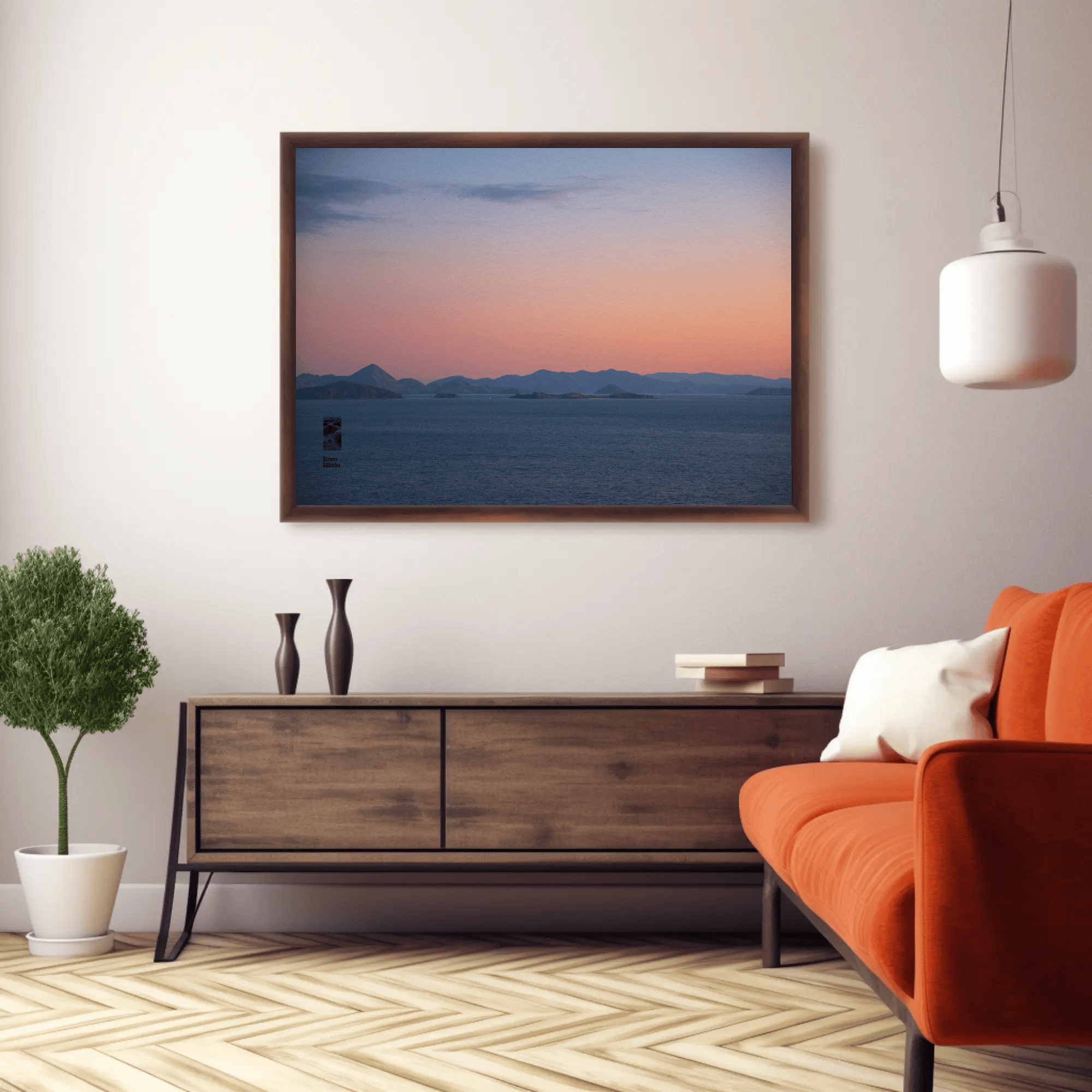 Ocean sunset canvas meditative photography Komodo Islands hills Indonesia living room mockup 23