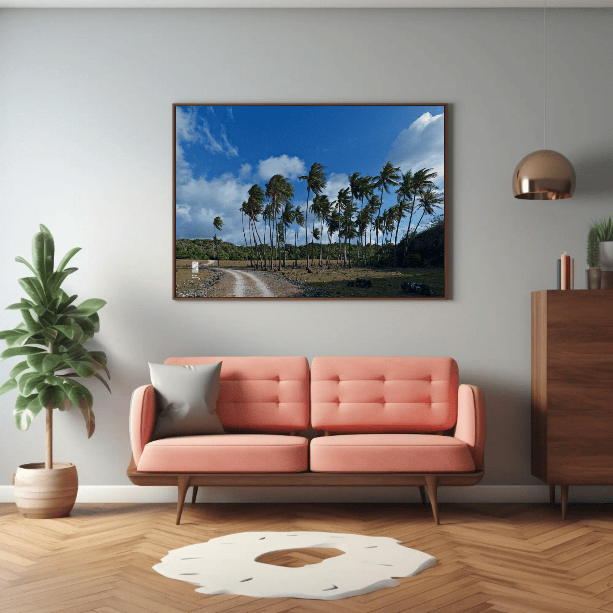 Palm trees canvas above sofa Rote Island living room tropical wall art mockup_18