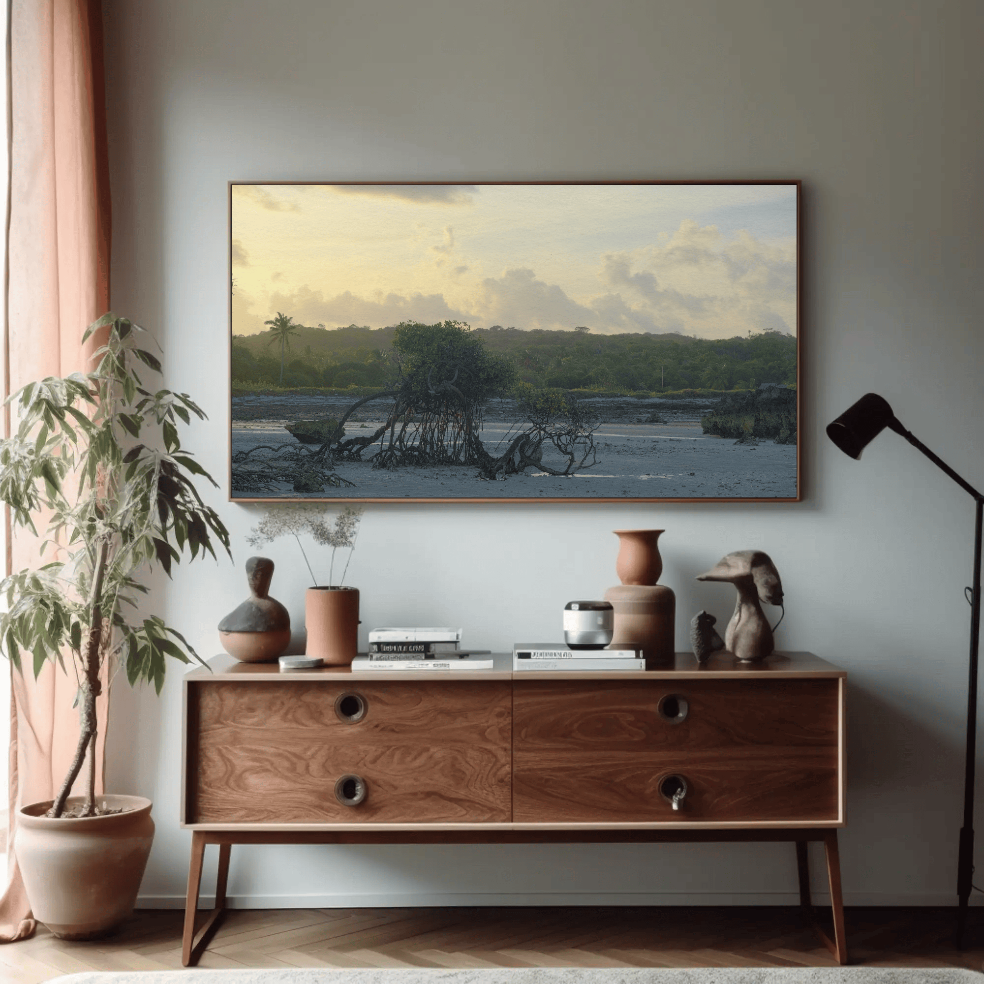 Prehistoric Landscape art photo print, high resolution - Indonesian jungle beach coast sunset, interior mockup 4 | Kevin Winda