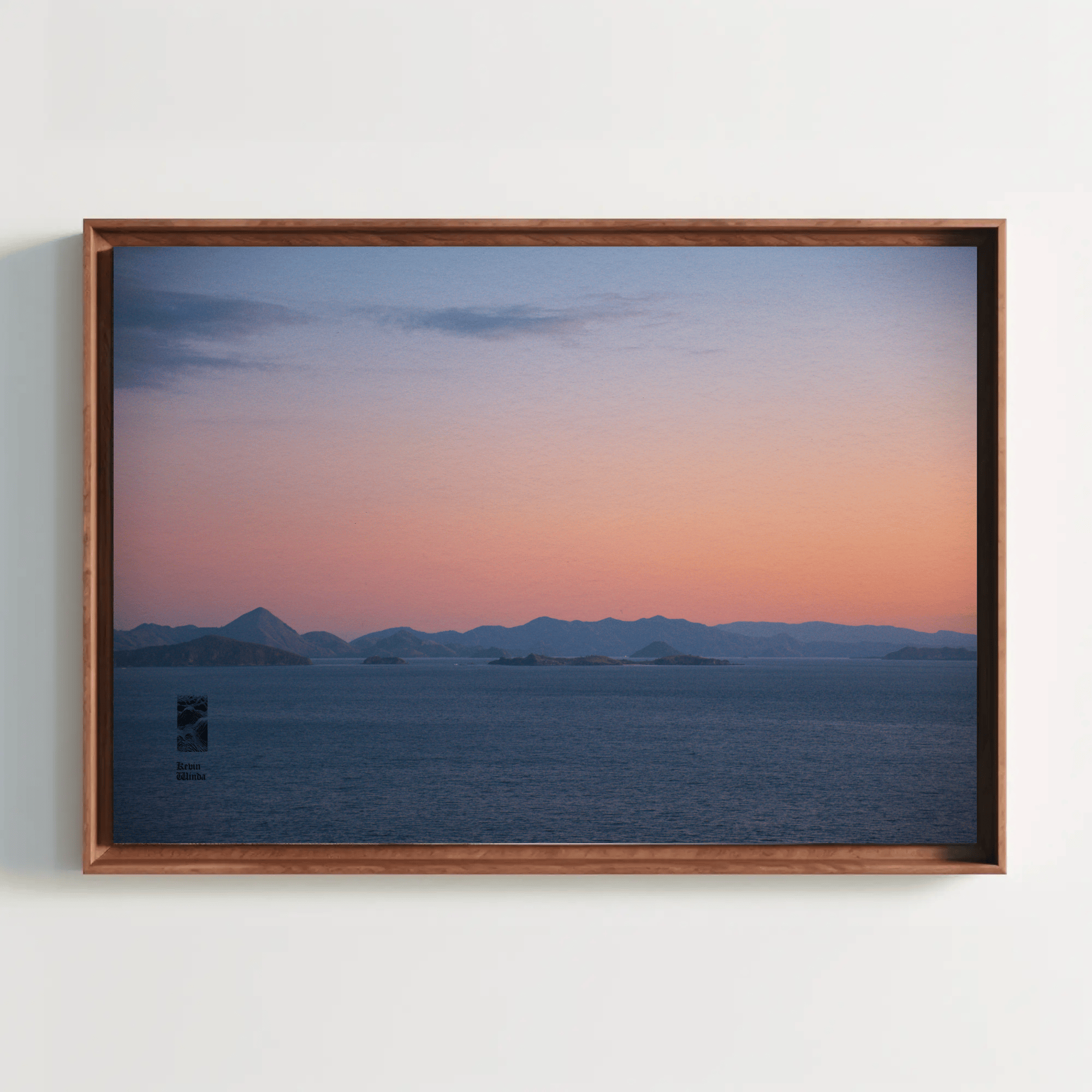 Coastal sunset canvas meditative evening sky photo print Komodo Islands hills Indonesia wall mockup 6