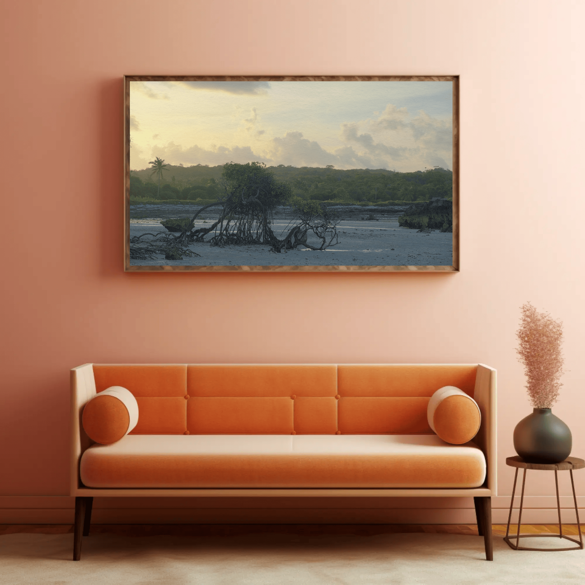 Prehistoric landscape photo print high resolution poster, Indonesian landscape tropical coastal sunset, living room interior mockup 3 | Kevin Winda