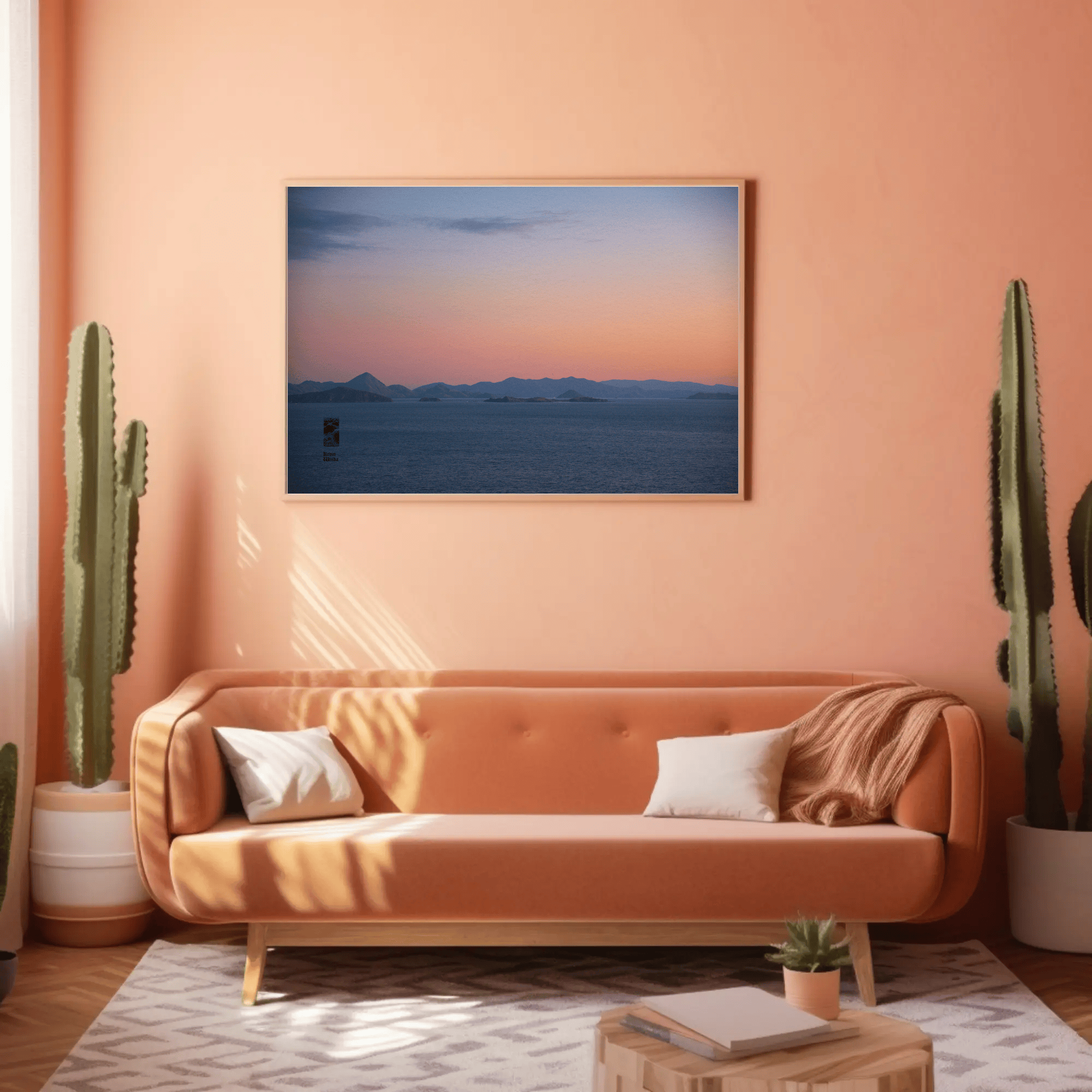 Ocean sunset canvas above sofa meditative evening sky photo print Komodo Islands hills Indonesia mockup 7