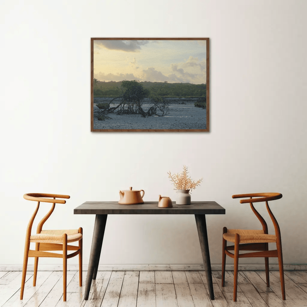 Prehistoric landscape canvas photo print, beach sunset jungle tree poster, Rotes Island, Indonesia mockup 14, cafe interior | Kevin Winda