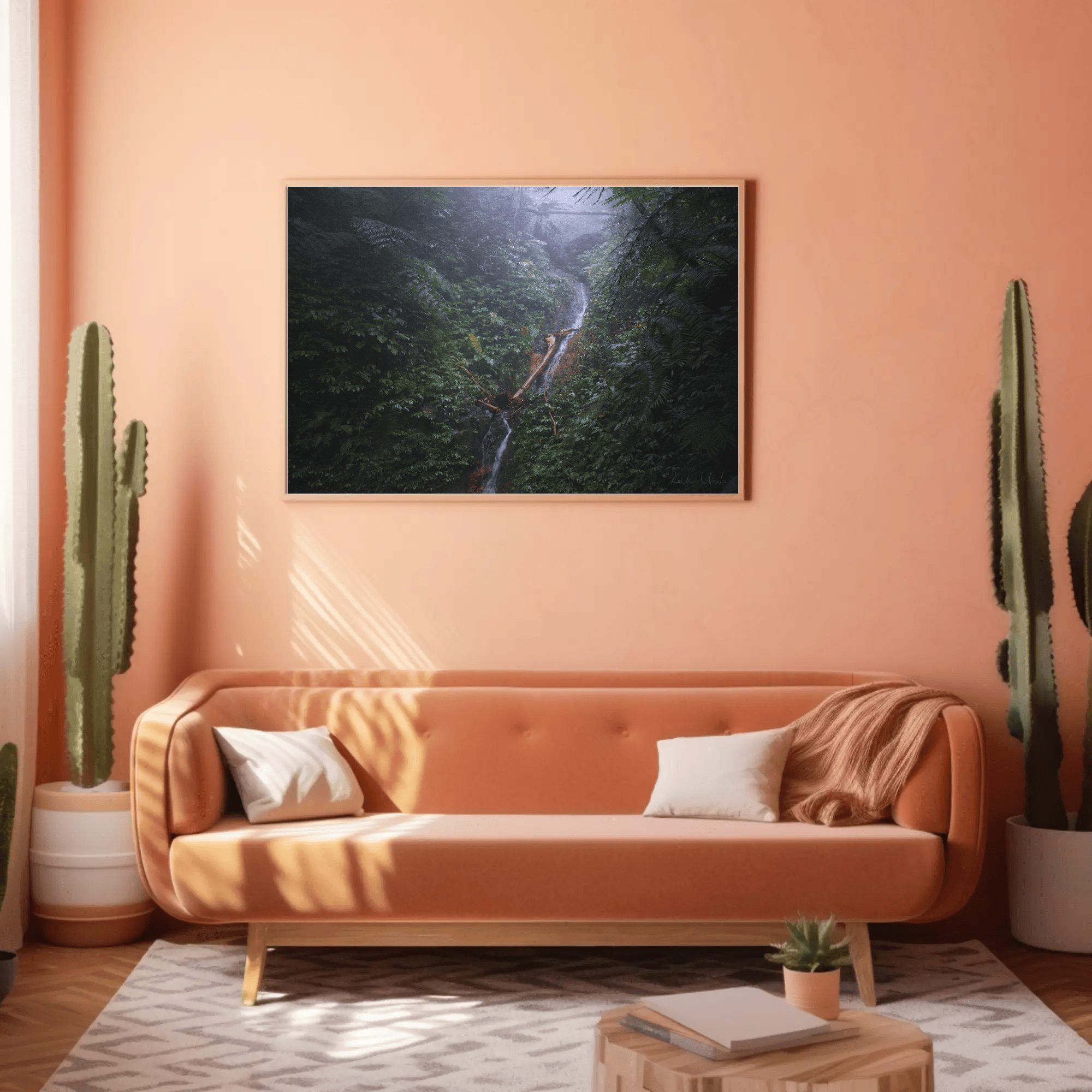 Jungle waterfall photo print above sofa canvas Flores island mockup 15